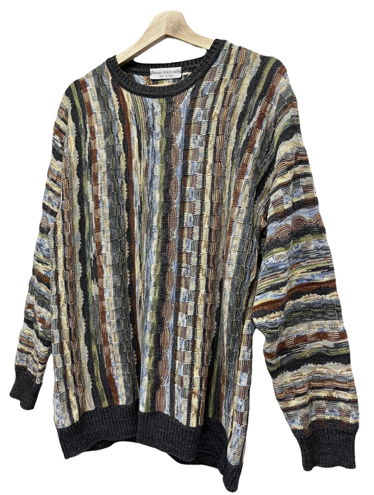 Homespun Knitwear 90's Made In Italy Striped Basketweave Knitted Wool Sweater Size US L / EU 52-54 / 3 - 2 Thumbnail