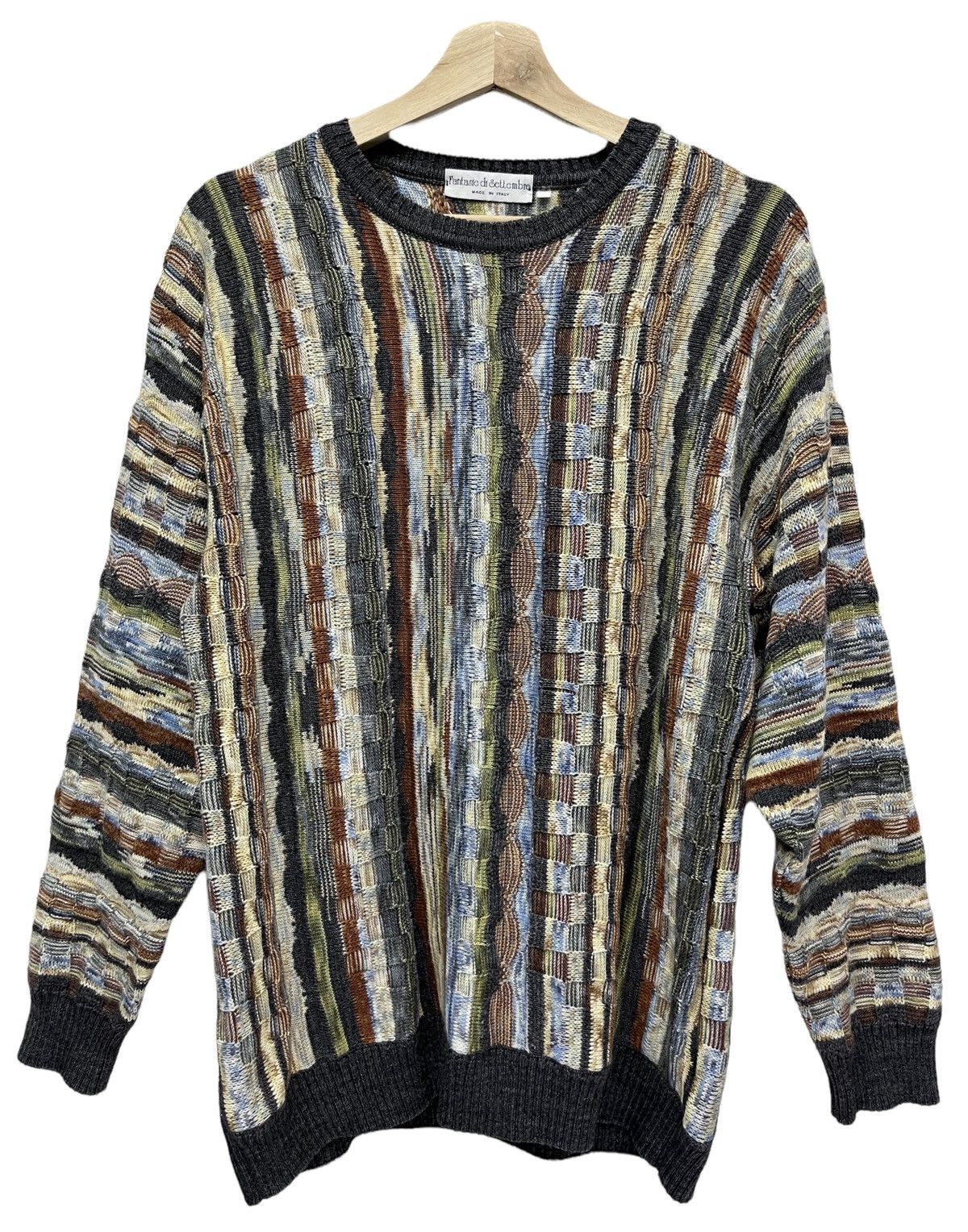 Homespun Knitwear 90's Made In Italy Striped Basketweave Knitted Wool Sweater Size US L / EU 52-54 / 3 - 1 Thumbnail