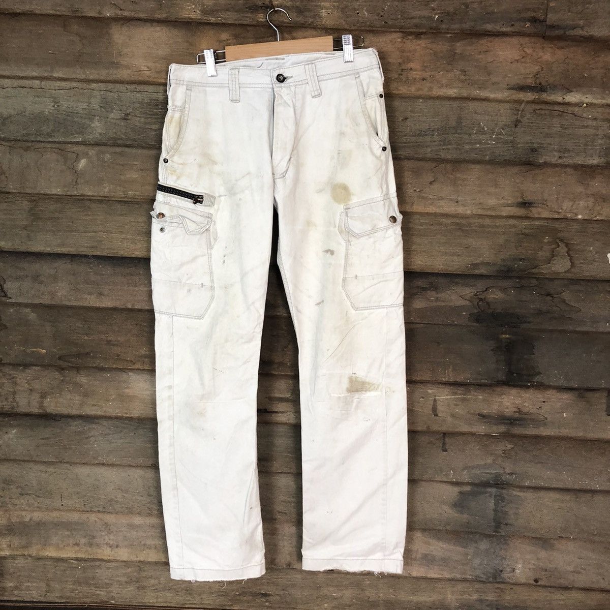 Japanese Brand Even River White dirty thrashes utility Cargo Pants #7052 Size US 29 - 1 Thumbnail