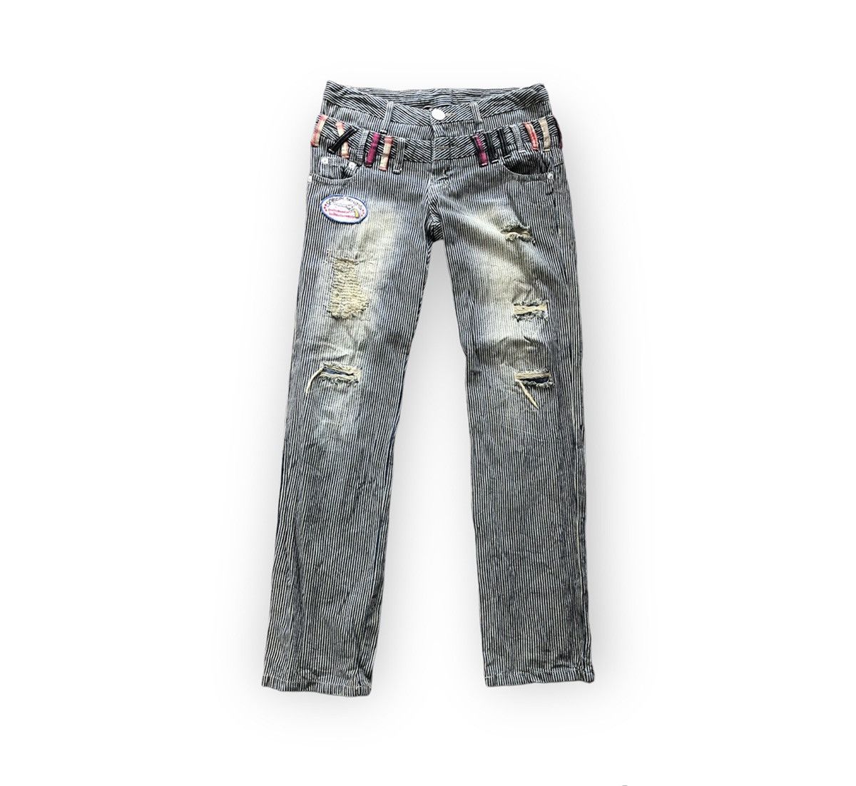 Double waist distressed hickory stripe denim