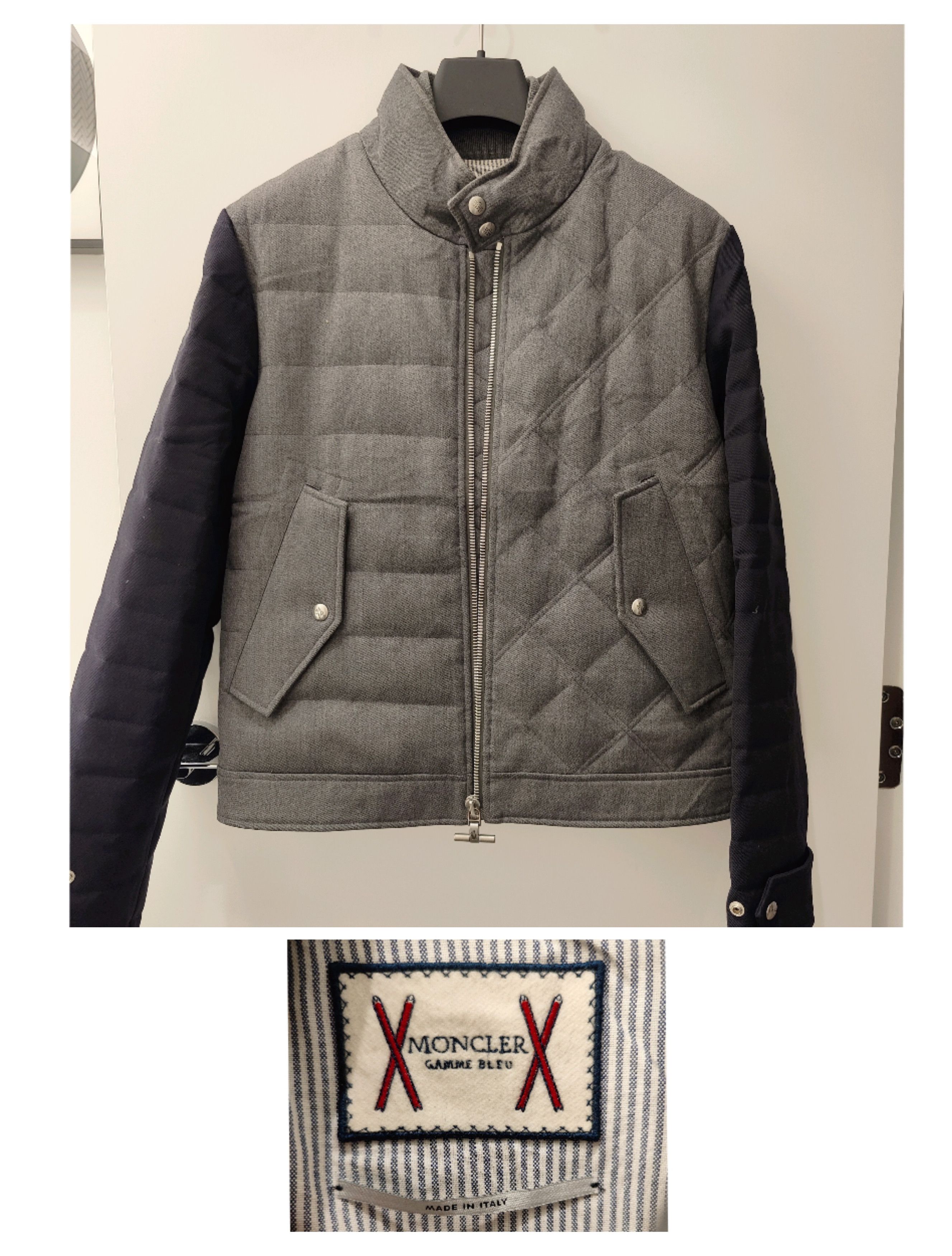 image of Moncler Wool Exterior Luxury Down Jacket in Navy Grey, Men's (Size Medium)