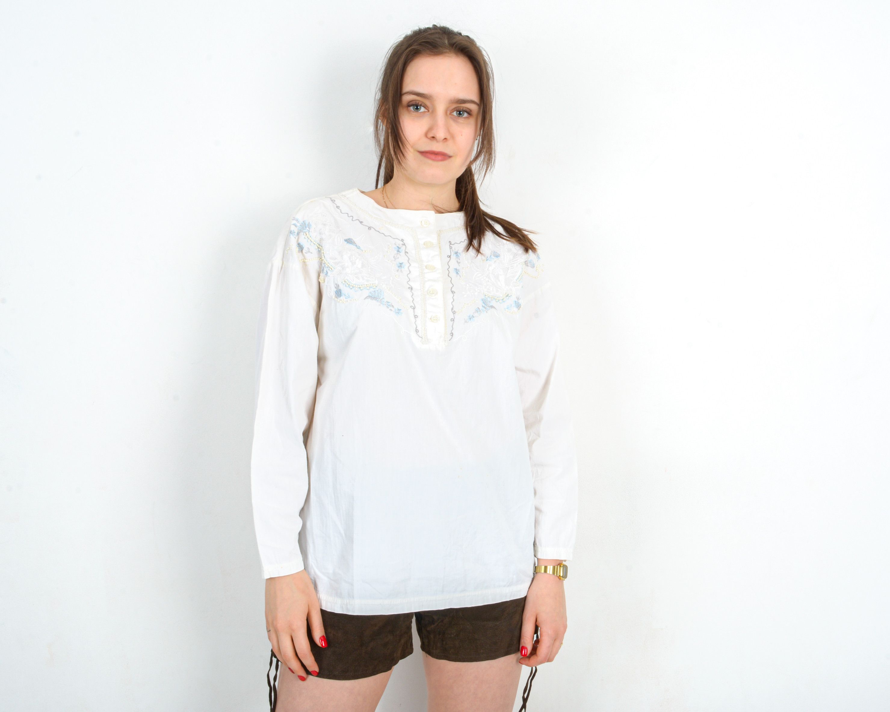 Other × Vintage Folk Embroidered Blouse Shirt UK 6/8 Top US 2/4 VTG EU 34/36 Size S / US 4 / IT 40 - 1 Thumbnail