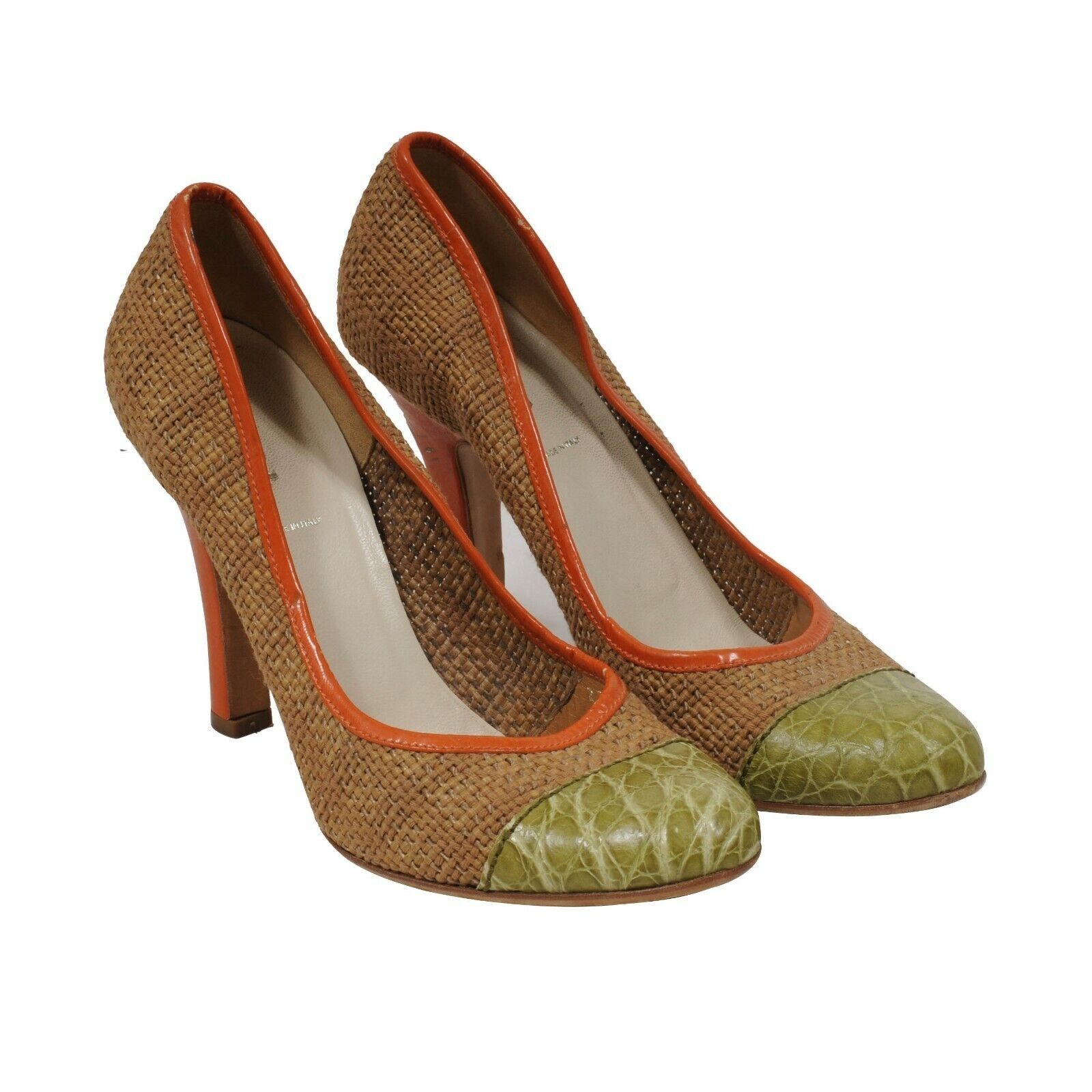 Prada Jute Heels Pumps Tan Orange Green Croc Toe Box Size US 7.5 / IT 37.5 - 11 Thumbnail