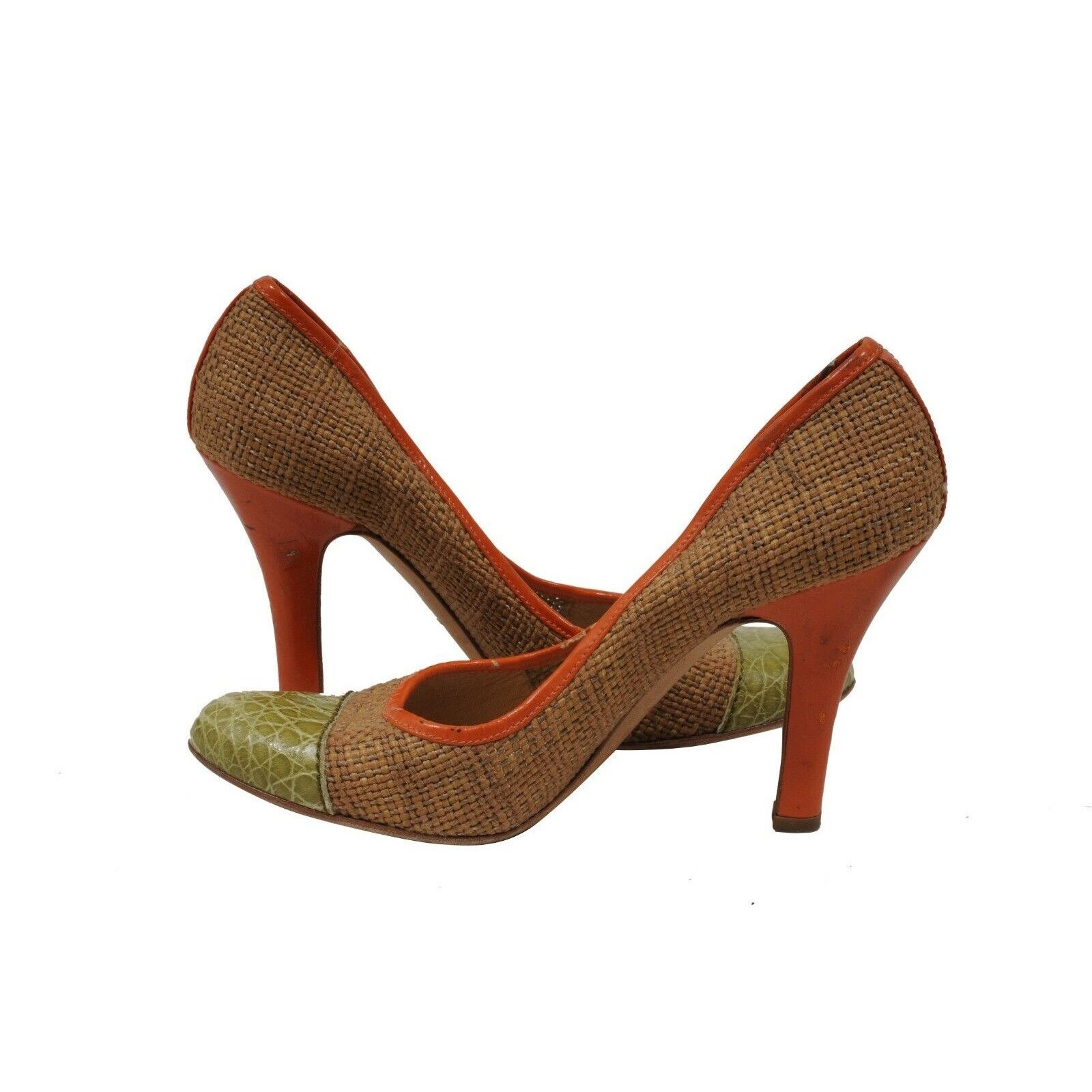 Prada Jute Heels Pumps Tan Orange Green Croc Toe Box Size US 7.5 / IT 37.5 - 5 Thumbnail