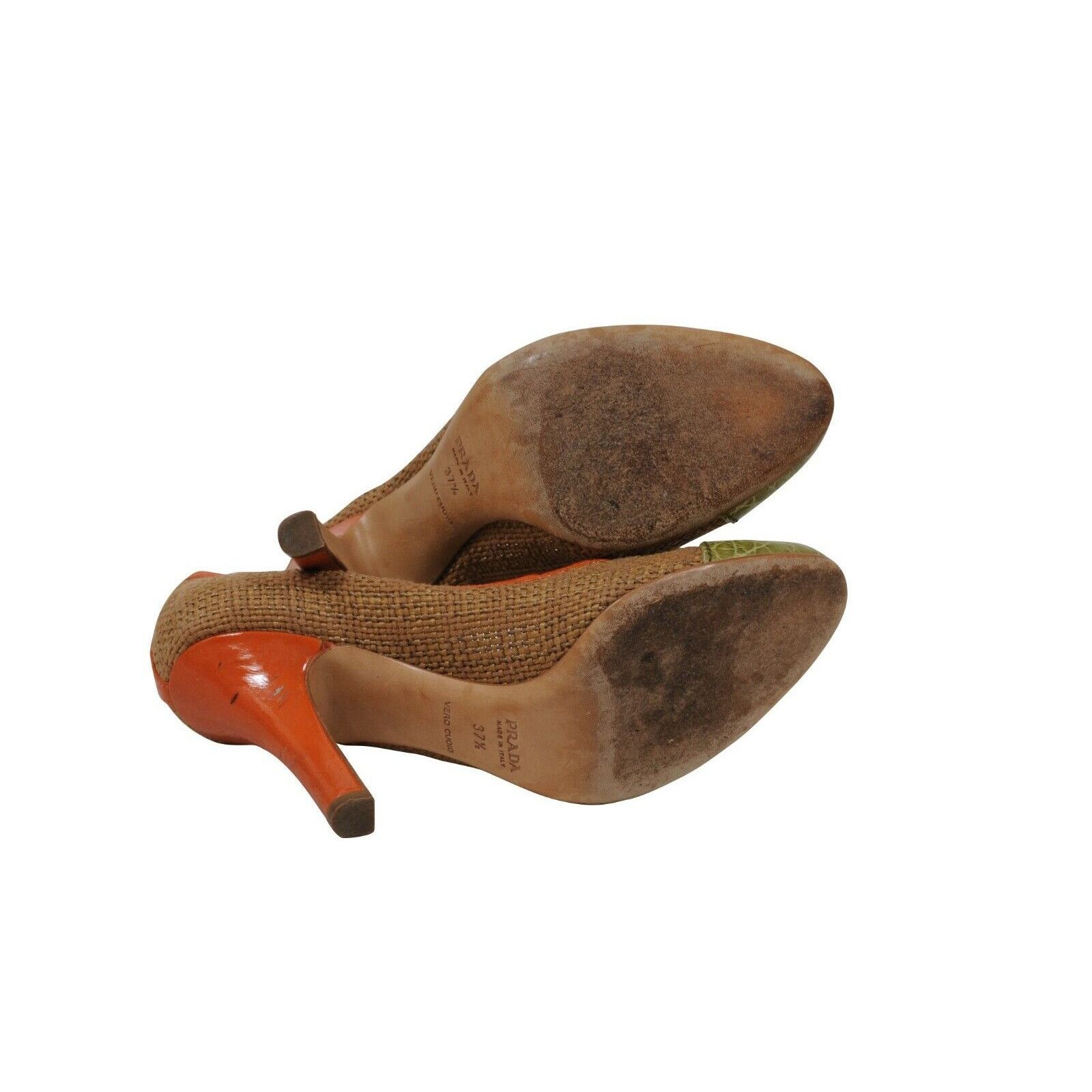 Prada Jute Heels Pumps Tan Orange Green Croc Toe Box Size US 7.5 / IT 37.5 - 7 Thumbnail