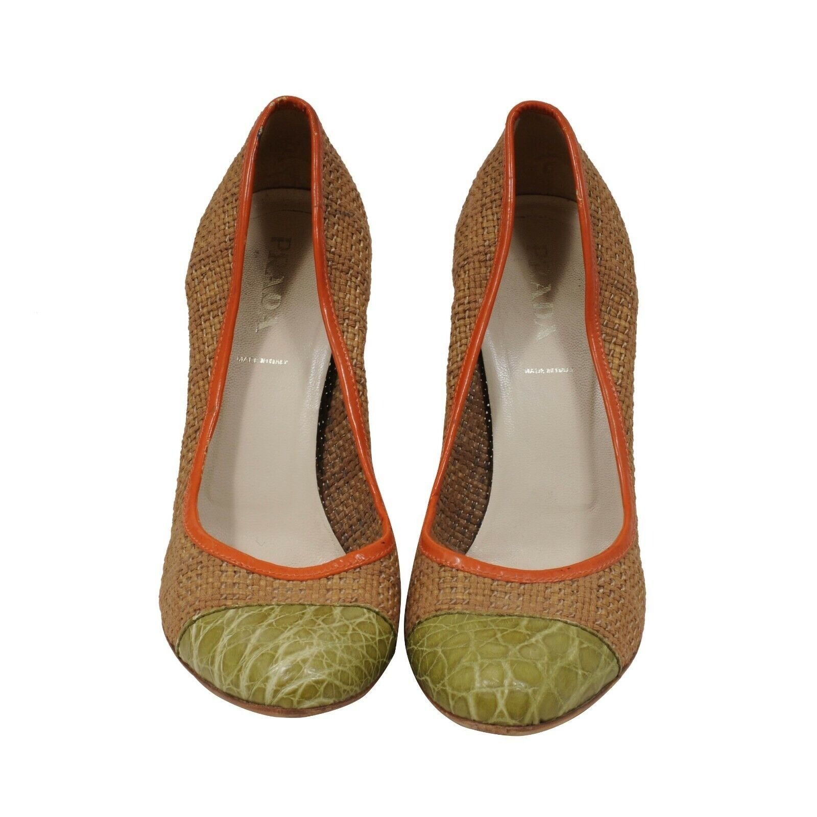 Prada Jute Heels Pumps Tan Orange Green Croc Toe Box Size US 7.5 / IT 37.5 - 2 Thumbnail