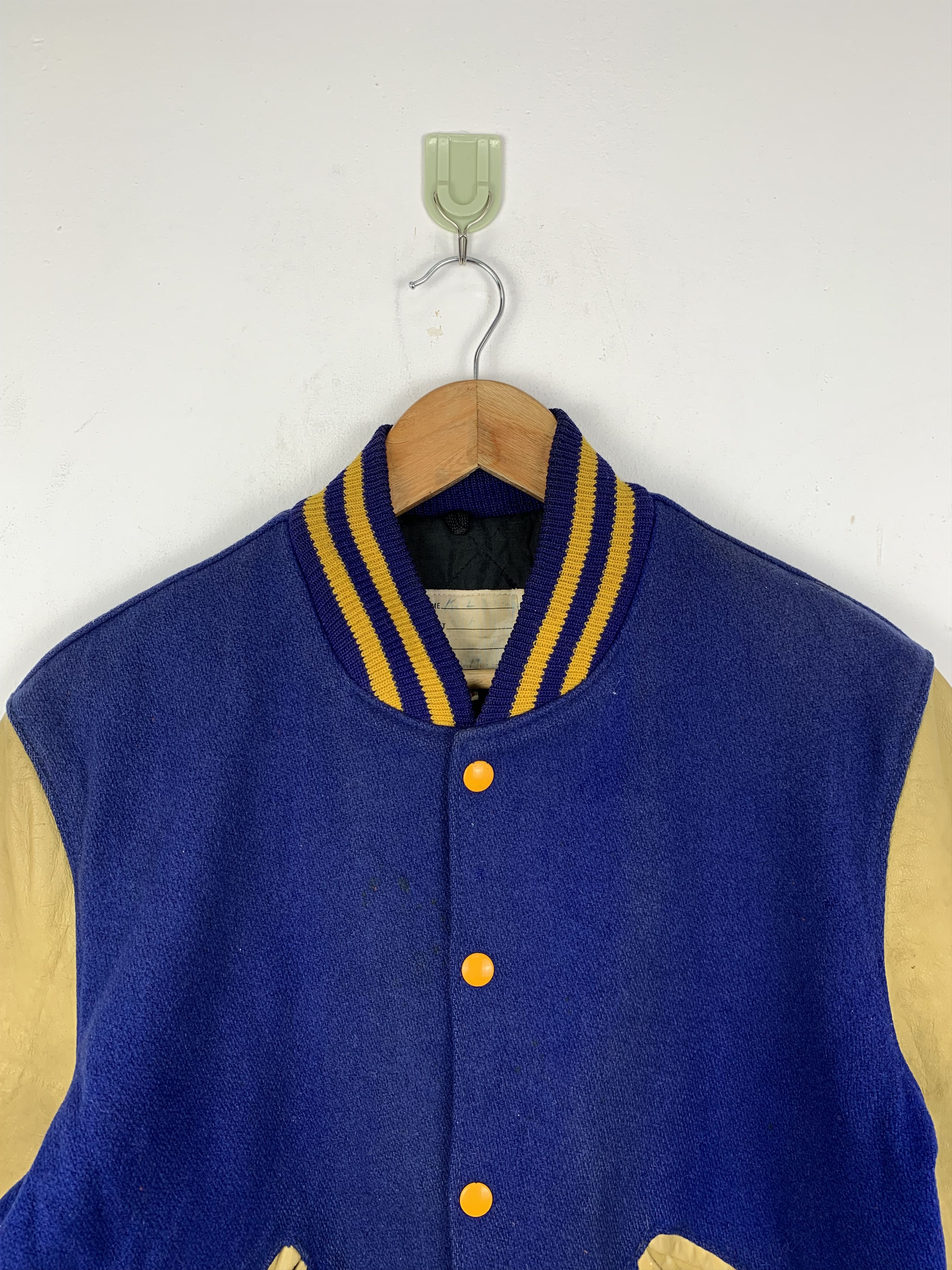 Vintage Vintage 70s Leather Wool Varsity Jacket Blue V0512 Size US M / EU 48-50 / 2 - 2 Thumbnail