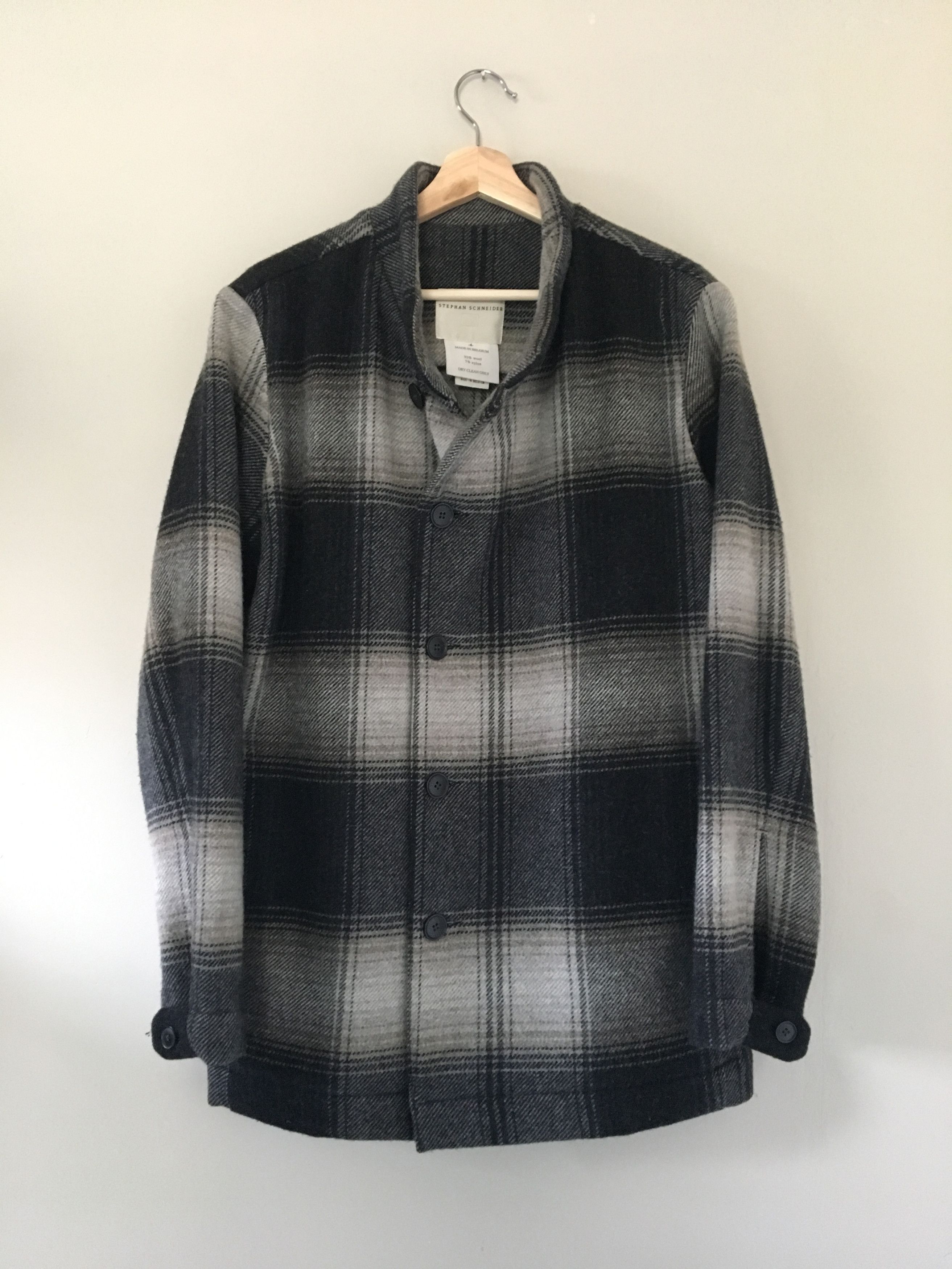 image of Stephan Schneider Single Breasted Stand Collar Coat - White & Black Tartan, Men's (Size Medium)