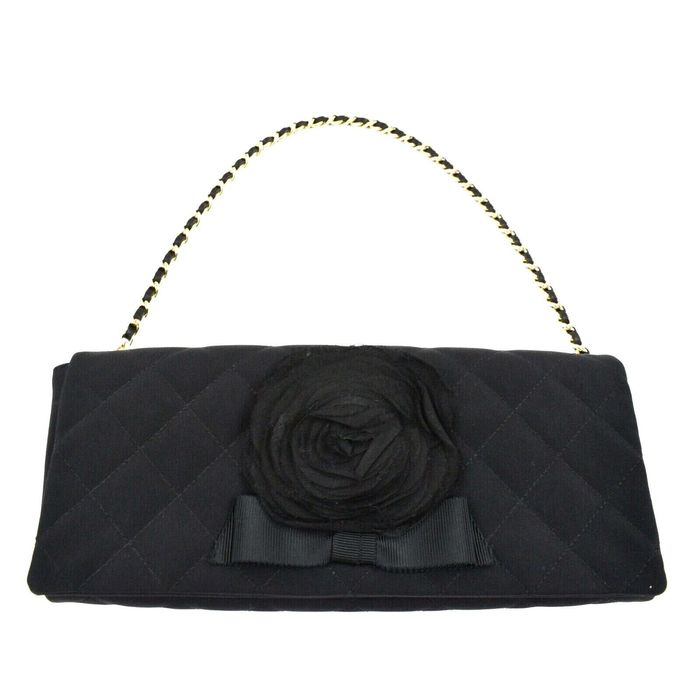 Chanel Chanel Camellia Black Satin Pochette Bag Gold Chain Stra Grailed