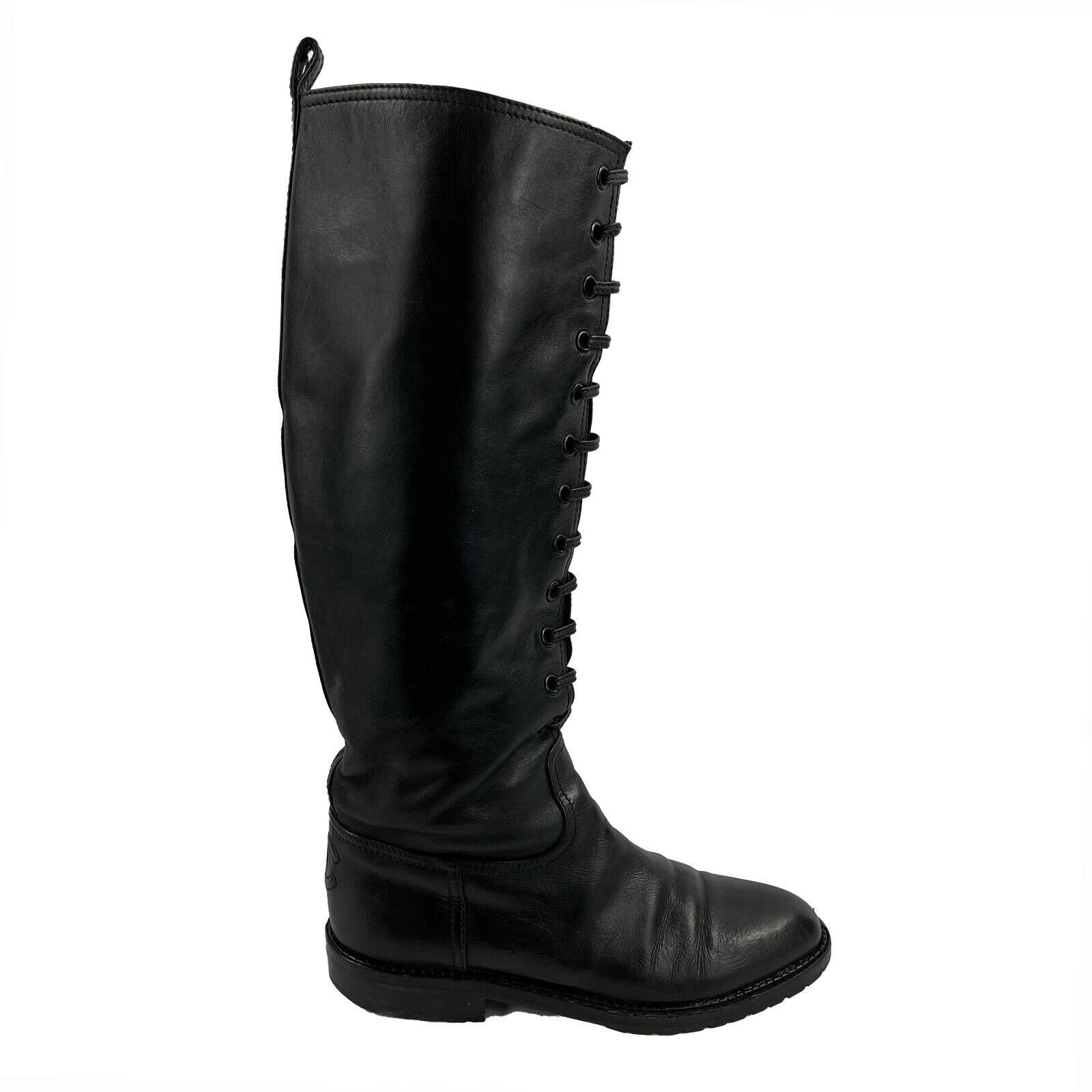 CHANEL - Black Knee-High Leather Lace-Up Biker Boots FR 36 U