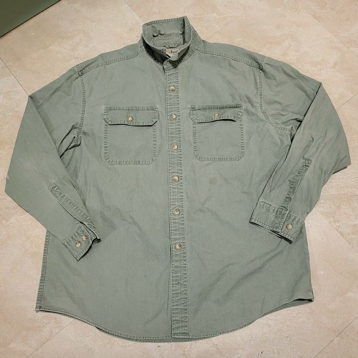 Vintage LL Bean Sunwashed Canvas Long Sleeve Button Green Shirt Cotton ...