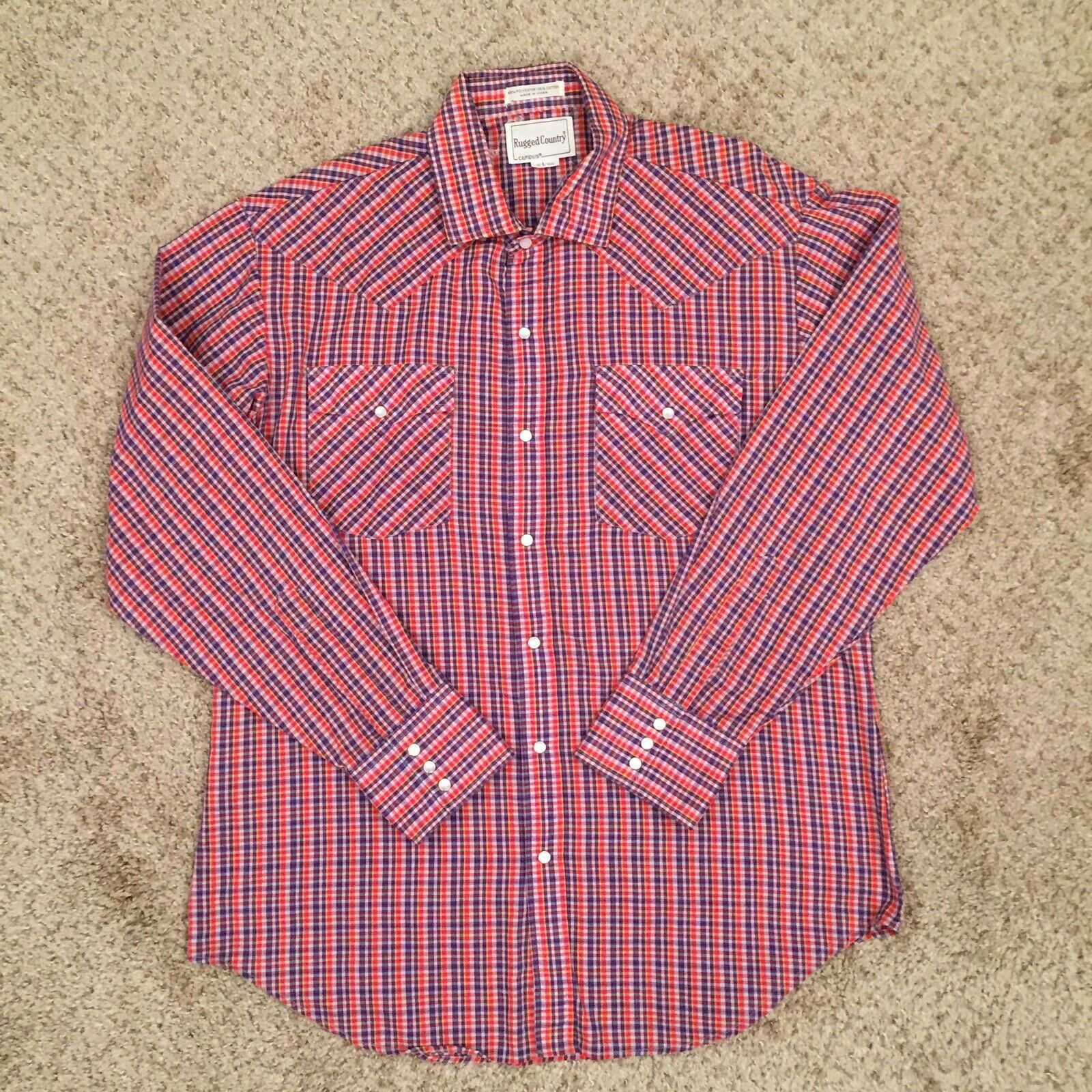 Vintage Rugged Country Mens Large Orange/Blue Check Long Sleeve Western ...