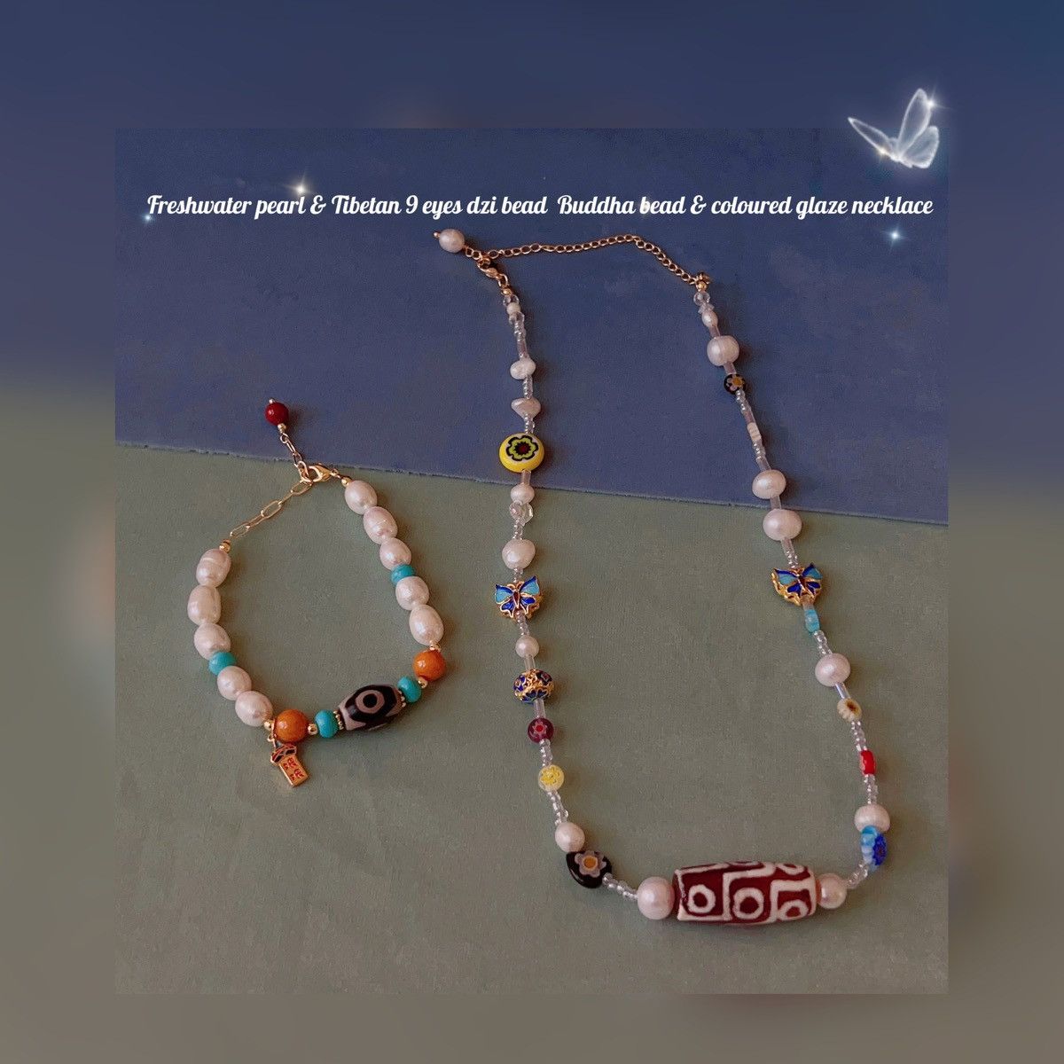 Tibetan 9 eyes dzi bead Buddha bead &coloured glaze necklace