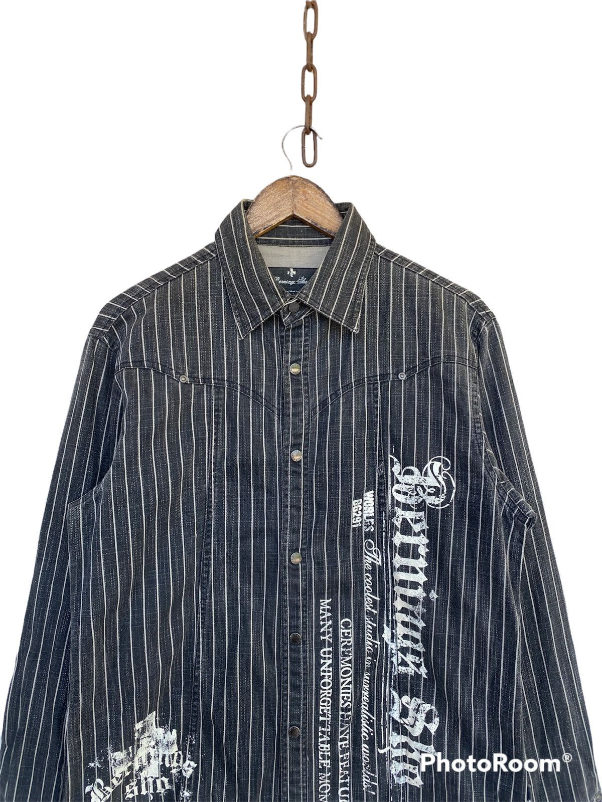 Hysteric Glamour 💥Vtg Berning Sho Art Stripe Denim Button Shirt Size US L / EU 52-54 / 3 - 2 Thumbnail