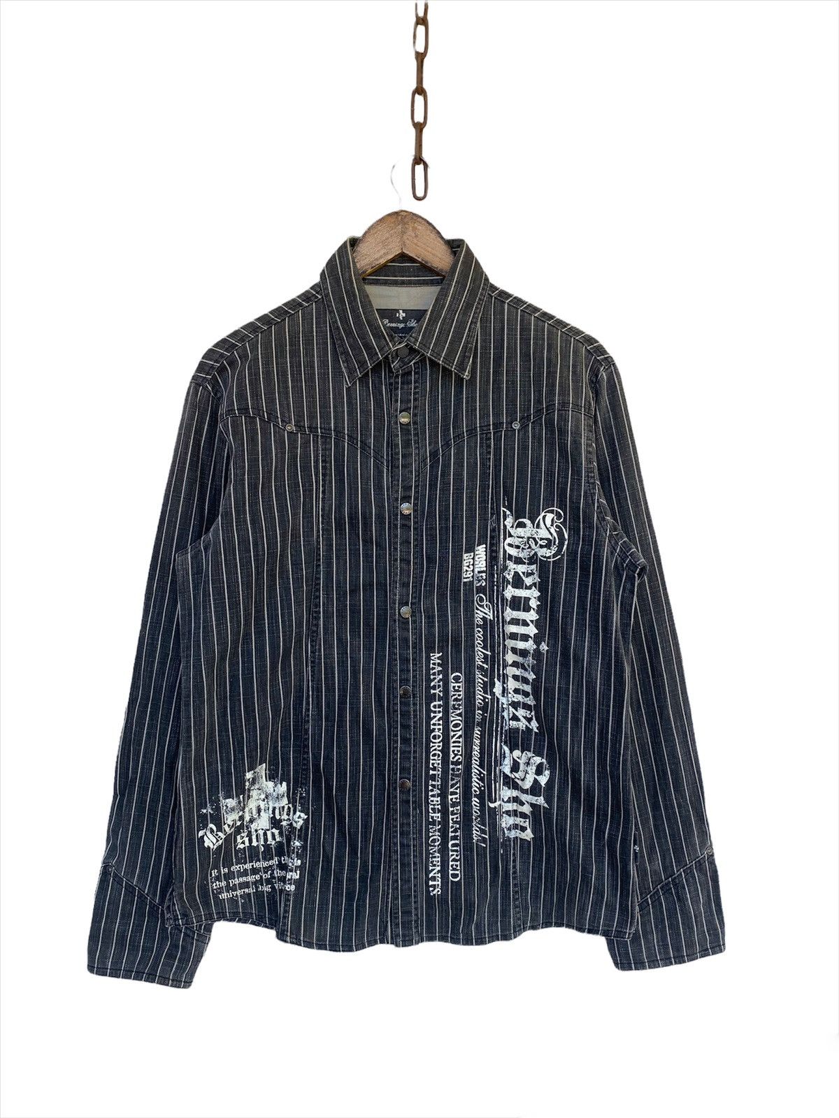 Hysteric Glamour 💥Vtg Berning Sho Art Stripe Denim Button Shirt Size US L / EU 52-54 / 3 - 1 Thumbnail