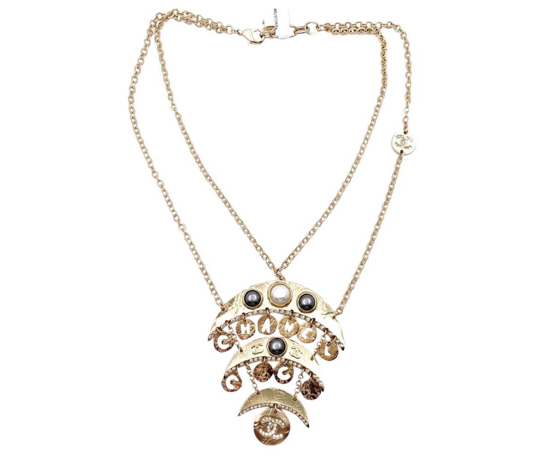 Chanel New Gold CC Moon Crystal Faux Pearl Chain Necklace