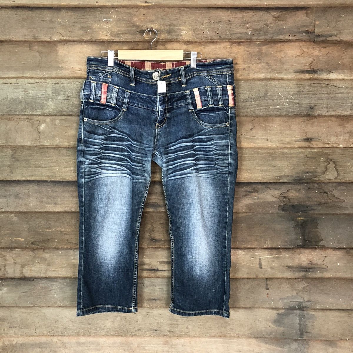 Japanese Brand Blue double waist Cropped denim jeans Pants #4616 Size US 33 - 1 Thumbnail