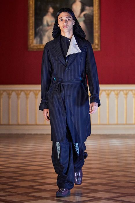 Kiko Kostadinov Anthonis Gathered Trousers in Navy Pinstripe | Grailed