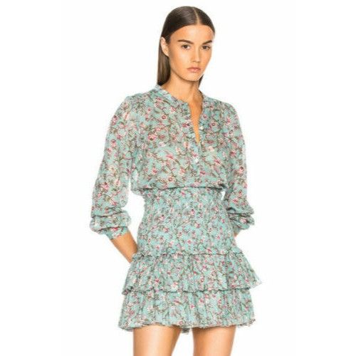 Isabel Marant Etoile Naomi Smocked Green Teal Floral Ruffle Size 28" / US 6 / IT 42 - 1 Thumbnail