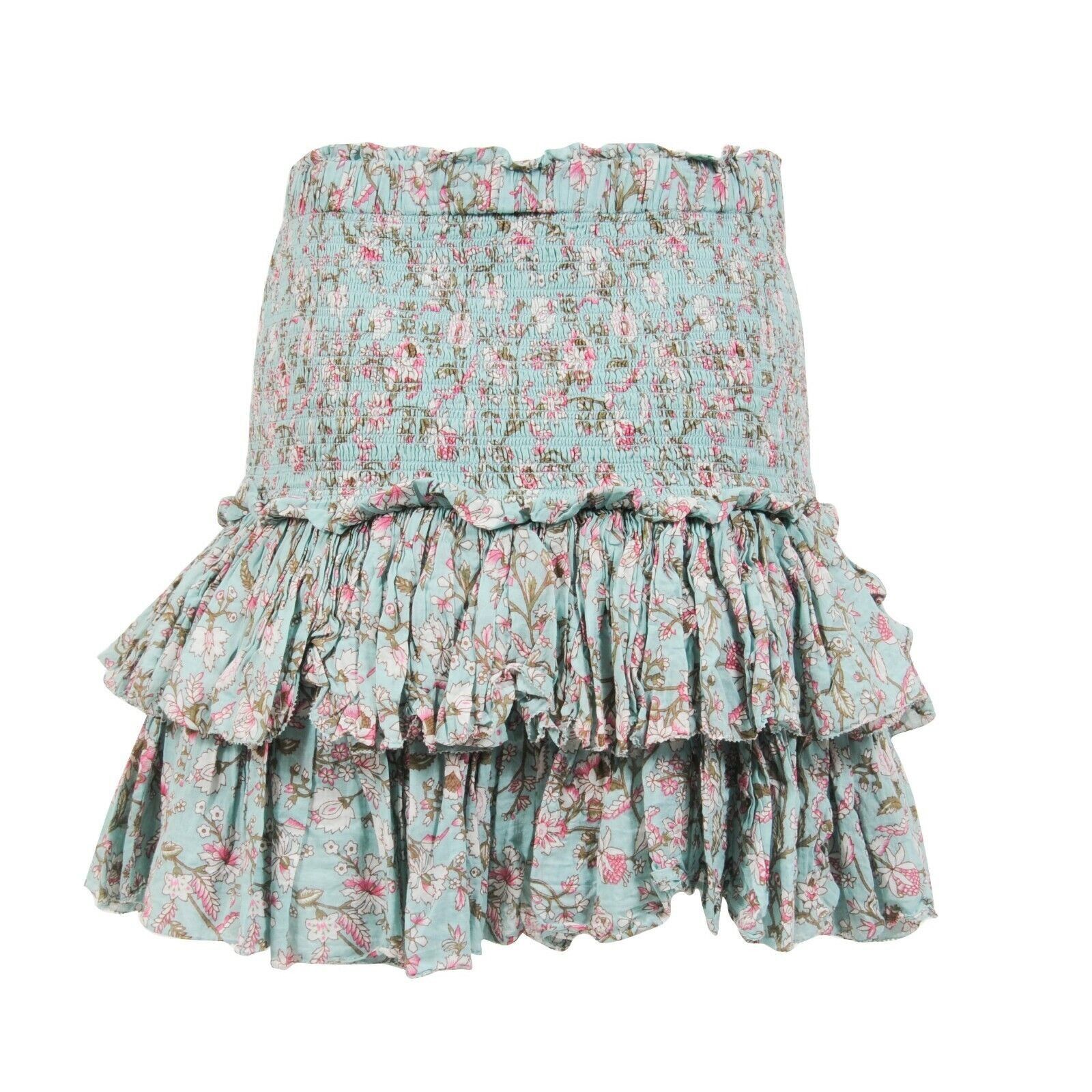 Isabel Marant Etoile Naomi Smocked Green Teal Floral Ruffle Size 28" / US 6 / IT 42 - 3 Thumbnail