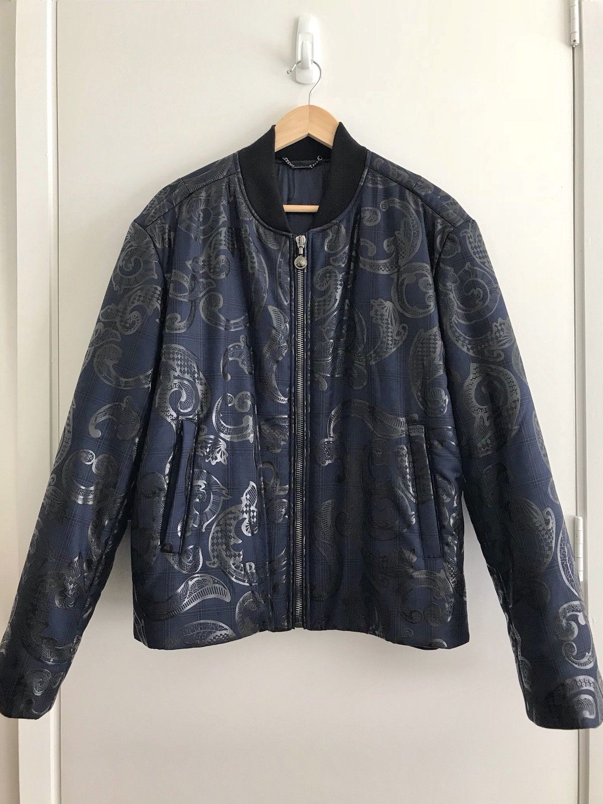 image of Versace Paisley Print Padded Bomber Jacket in Blue, Men's (Size Medium)