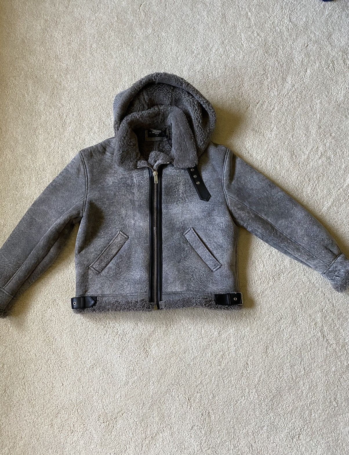 image of Represent Clo Hooded Sheepskin Jacket in Grey, Men's (Size Medium)