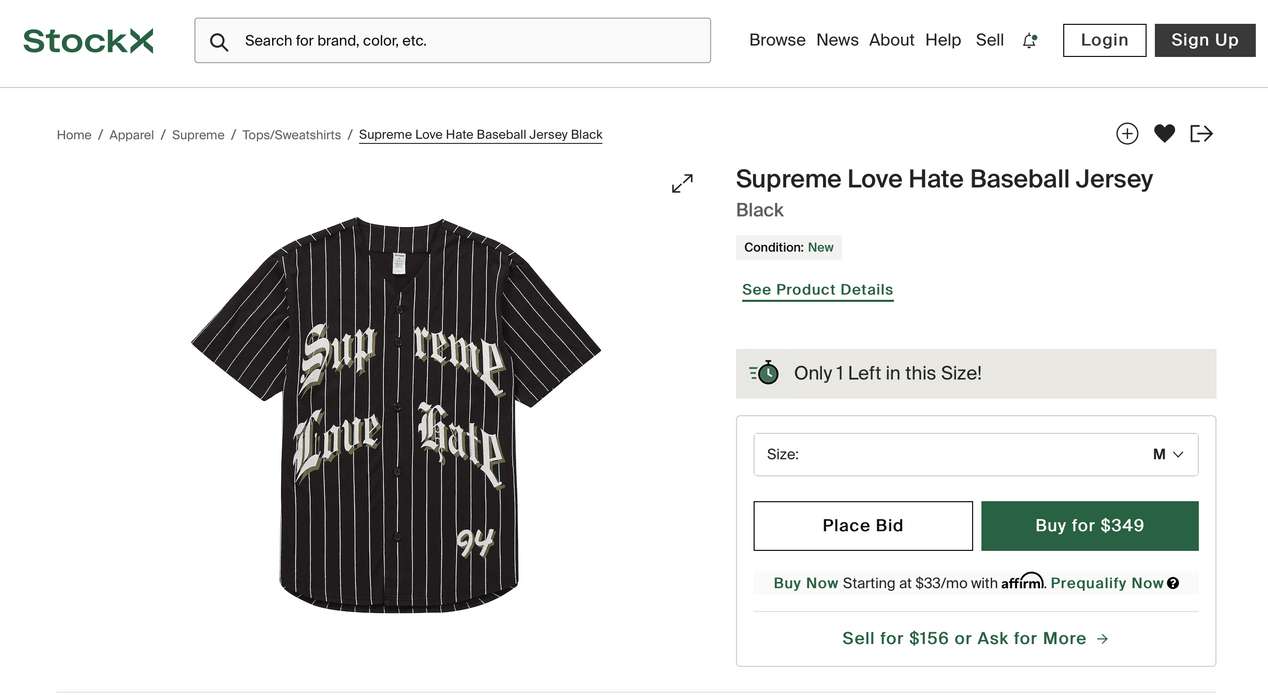 Supreme Supreme Love Hate Baseball Jersey | Grailed