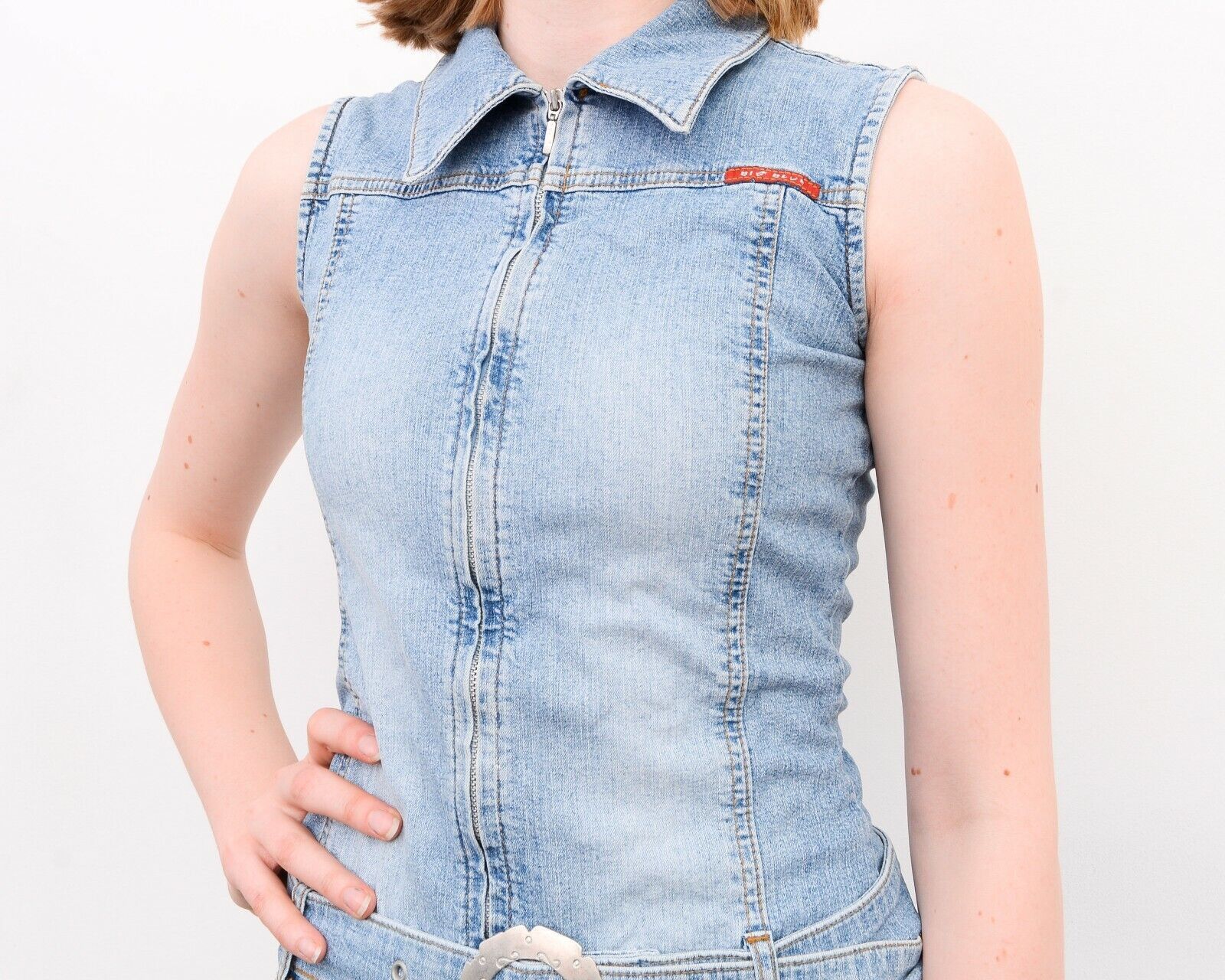 Other × Vintage BIG BLUE Womens S 90's Denim VTG Mini Dress Tight Y2K Belted Size S / US 4 / IT 40 - 4 Thumbnail