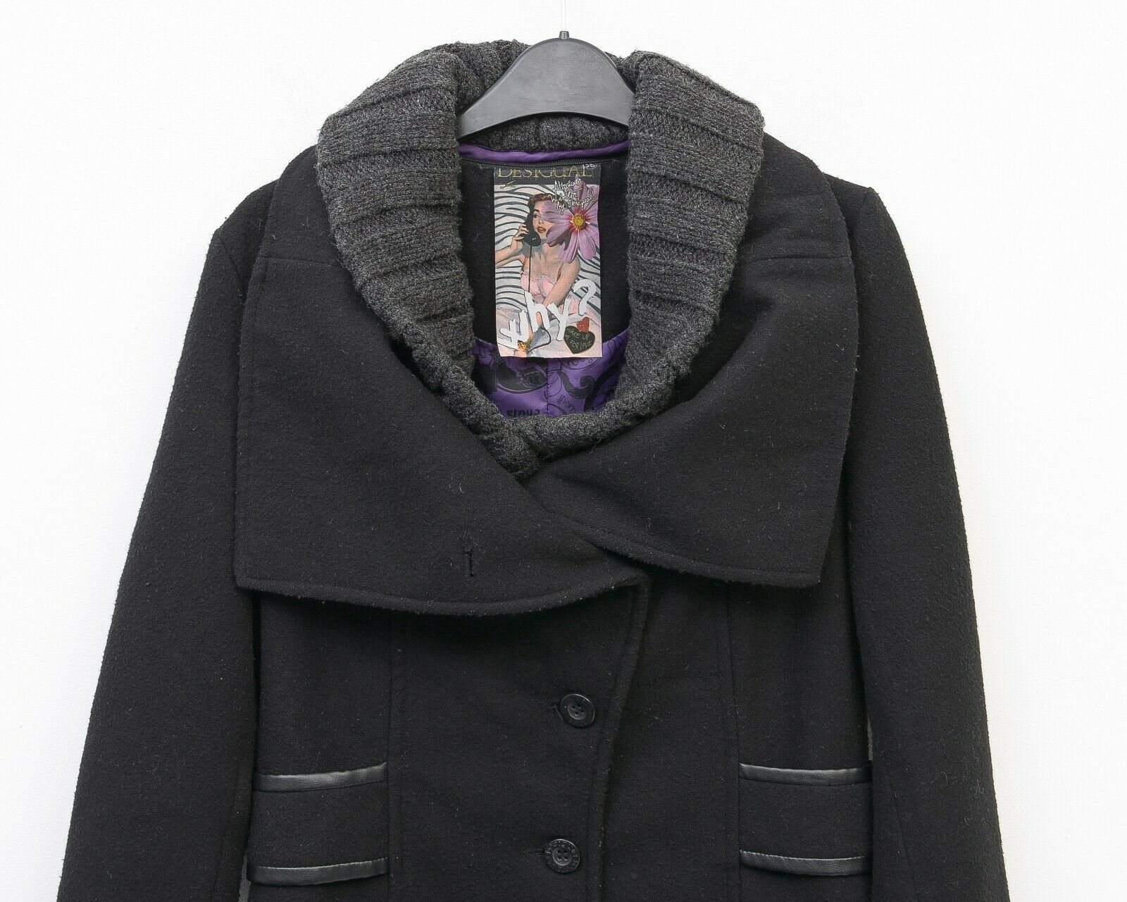 Desigual Women Overcoat Jacket EU 38 Buttoned Collared Coat Long Wool Size M / US 6-8 / IT 42-44 - 2 Thumbnail