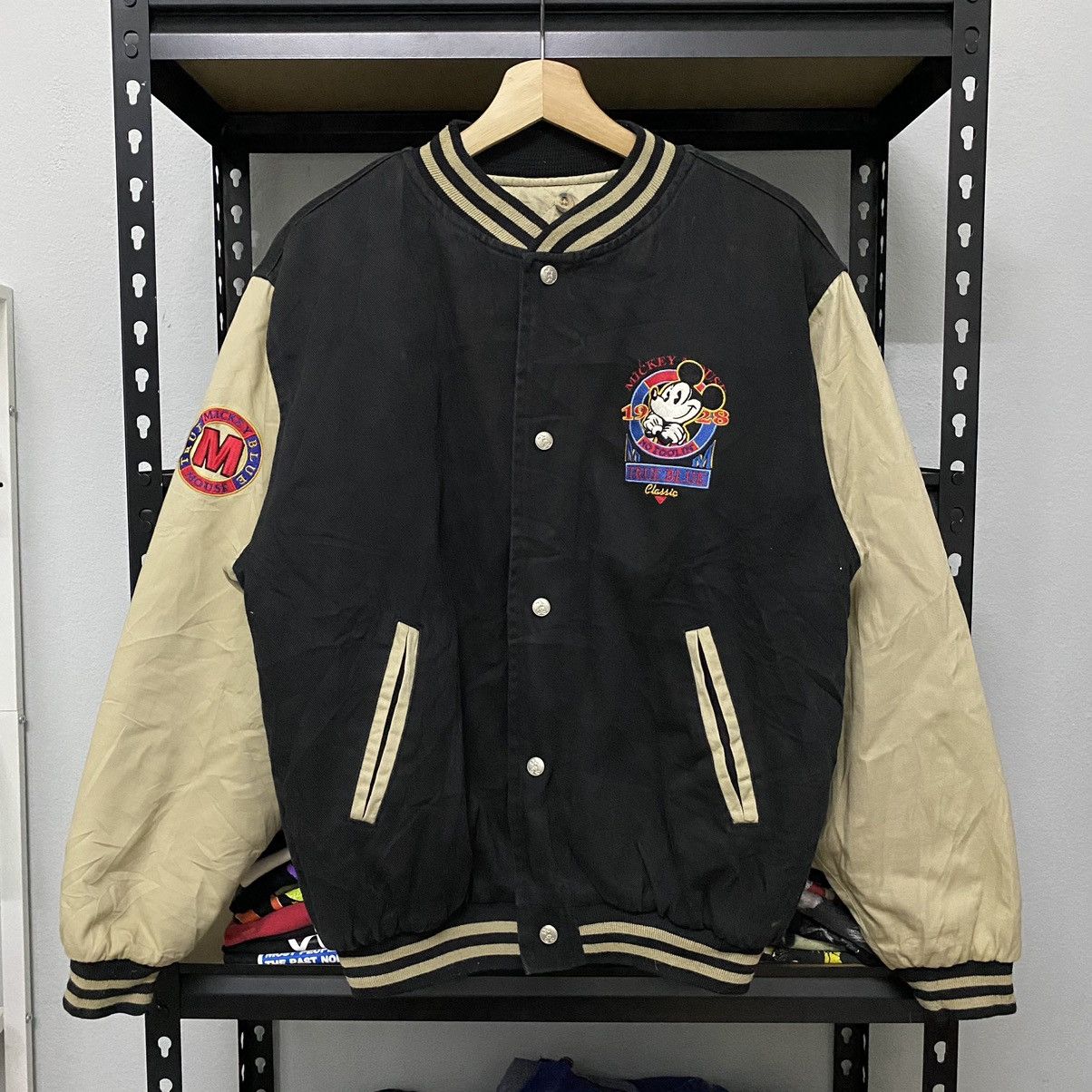 Image of Disney x Mickey Mouse Vintage Varsity Mickey Mouse Bomber Jacket in Brown, Men's (Size Small)