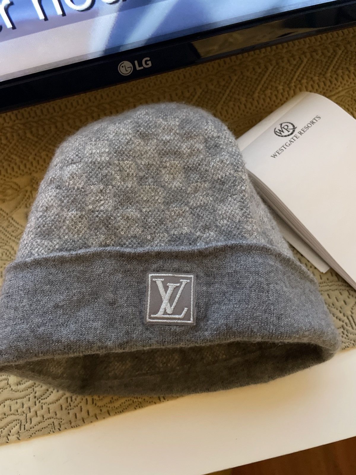 Louis Vuitton Beanie One Size Hat Grey Wool Gray LV Monogram Logo