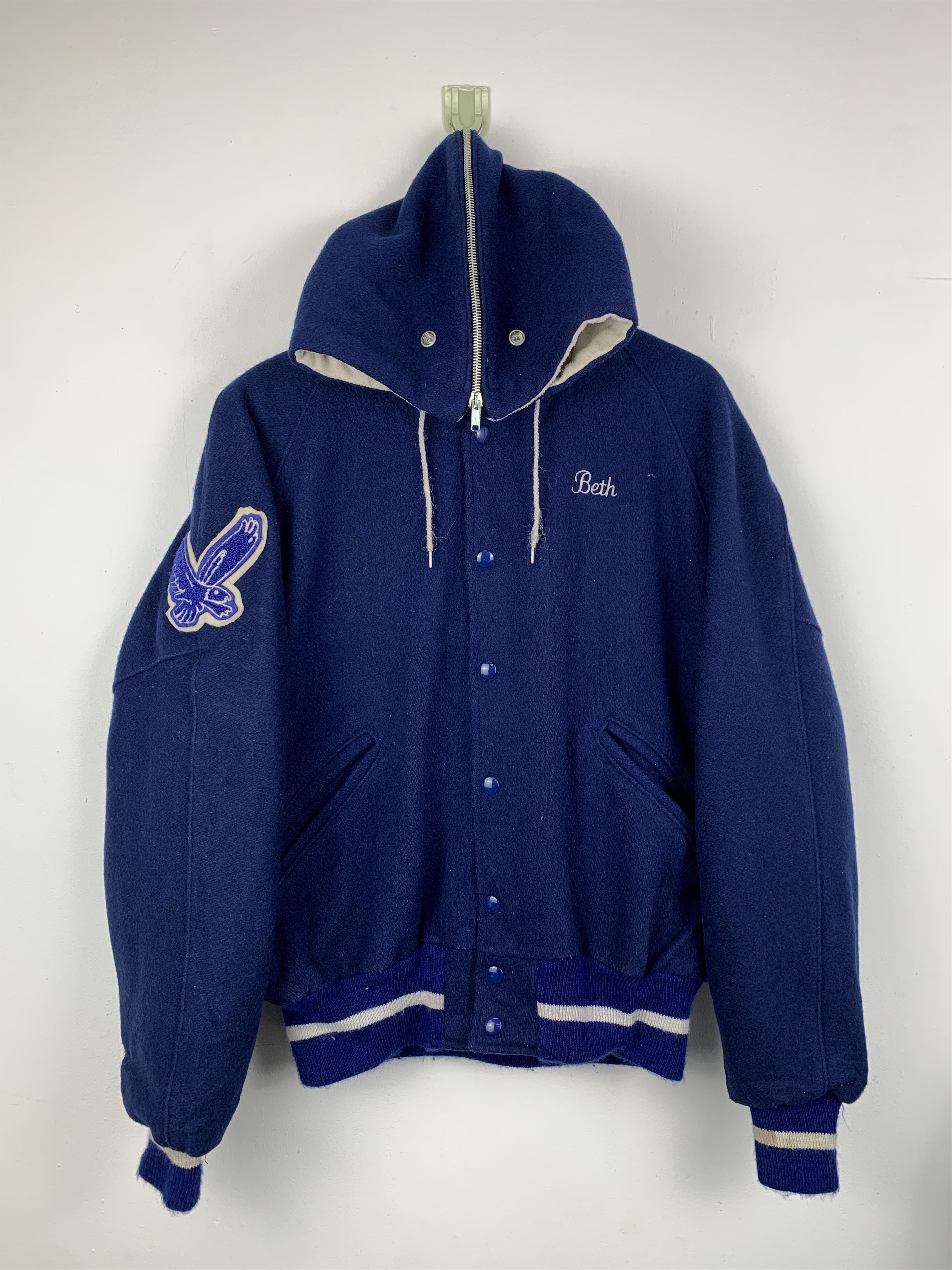 image of Delong Varsity Jackets x Varsity Jacket Vintage 80's Wool Delong Varsity Jacket Hoodie in Blue (Siz