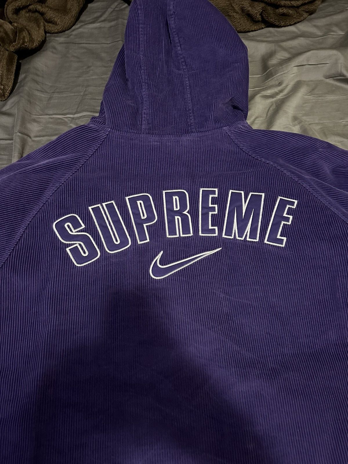 image of Nike Arc Logo Corduroy Hooded Jacket in Purple, Men's (Size XL)