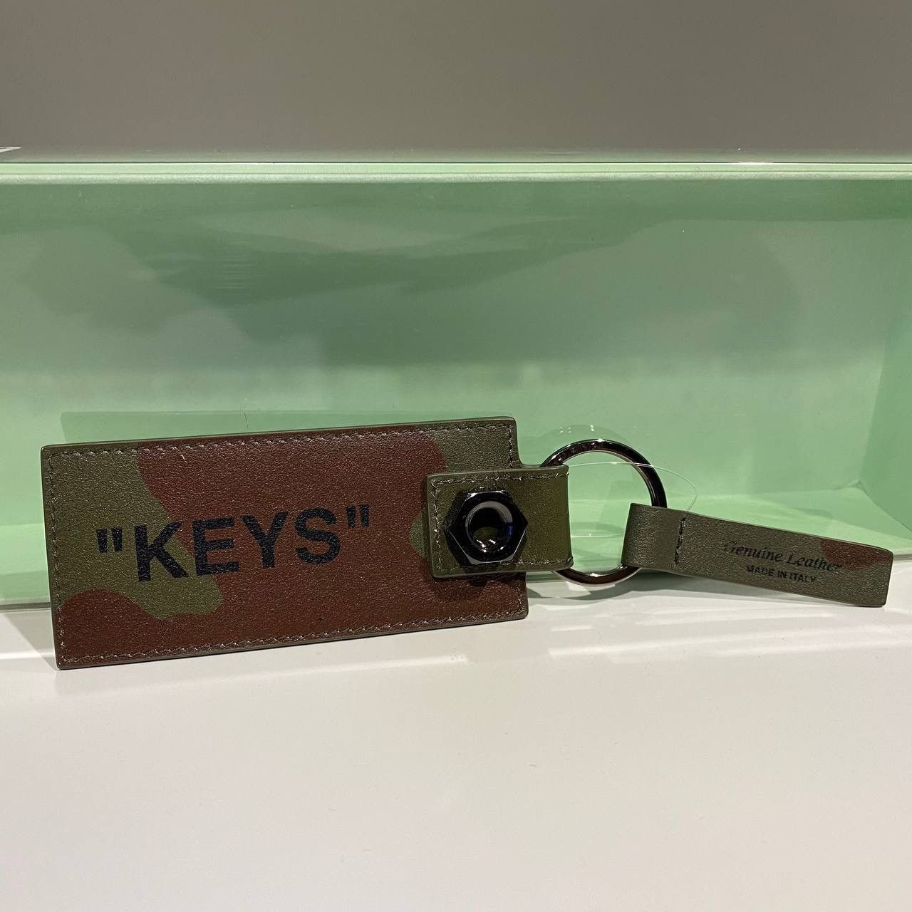 image of Off White x Virgil Abloh Off-White “Keys” Quote Leather Keychain Camo, Men's