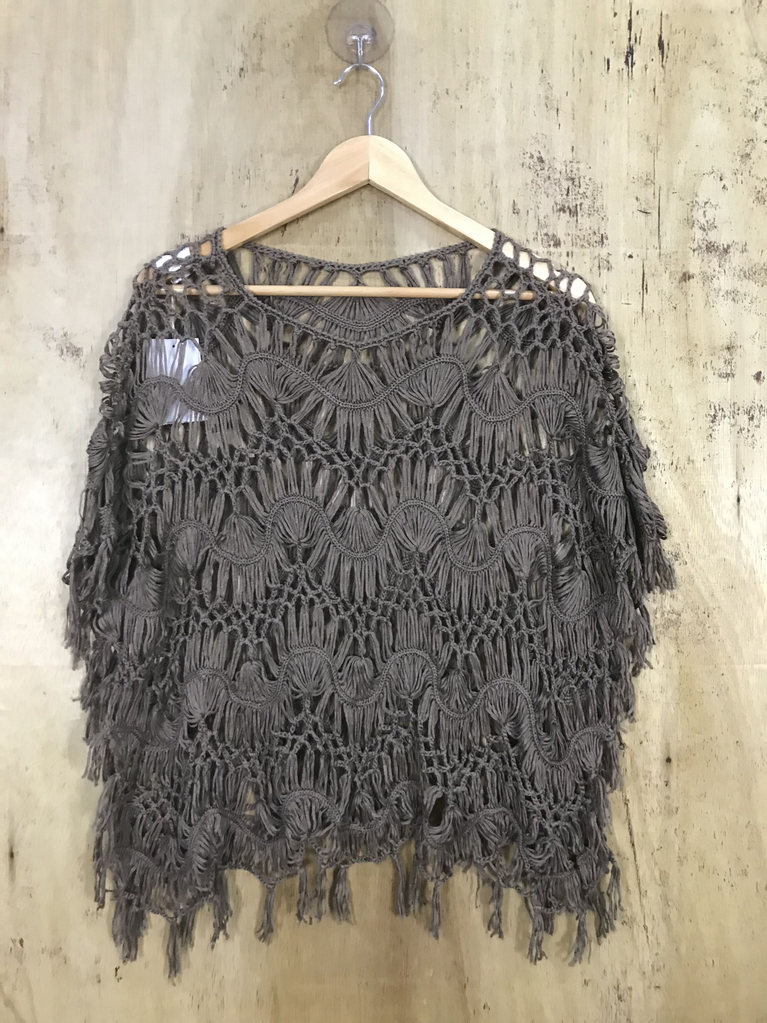 Rou Feloud Fringed Mesh Net Crochet Knit Poncho