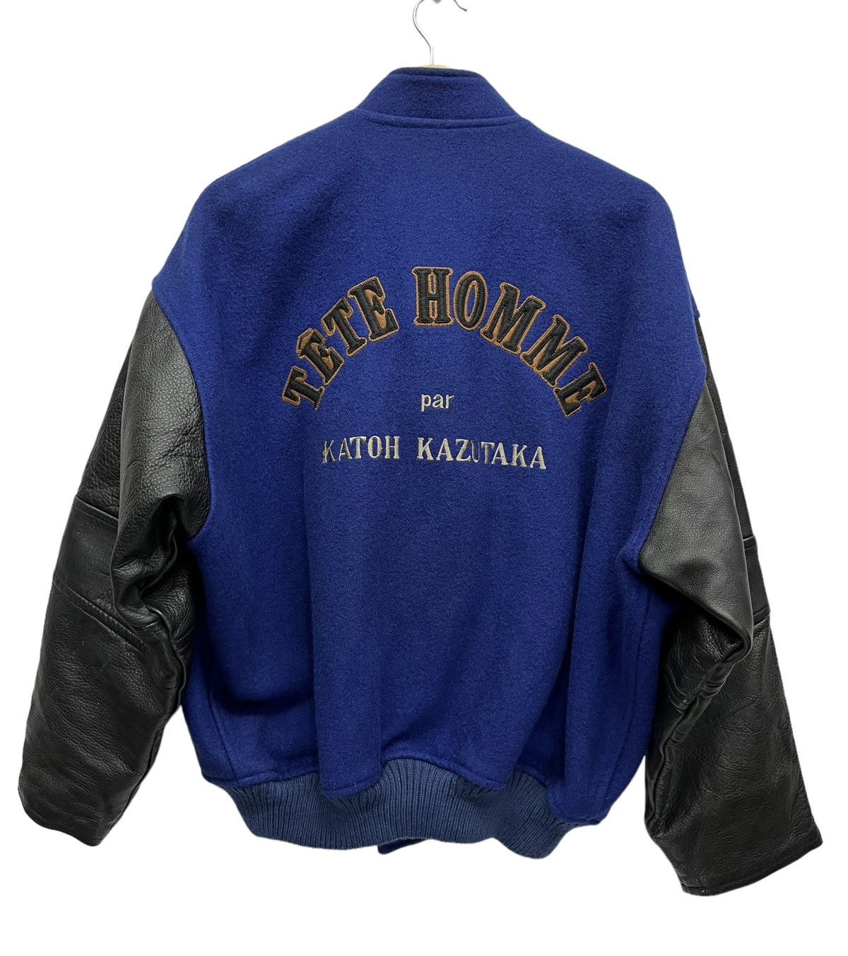 image of Vintage 80’S Tete Homme Katoh Kazutaka Wool Leather Varsity in Blue/Black, Men's (Size Medium)
