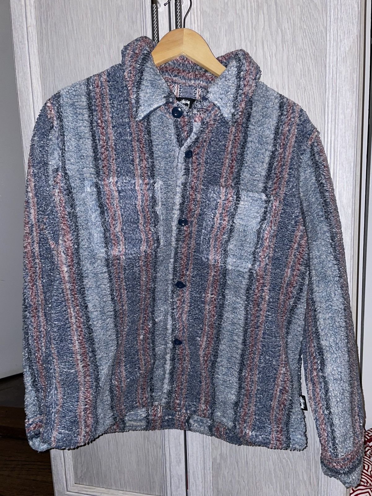 image of Stussy Stripe Sherpa Shirt in Blue, Men's (Size Small)