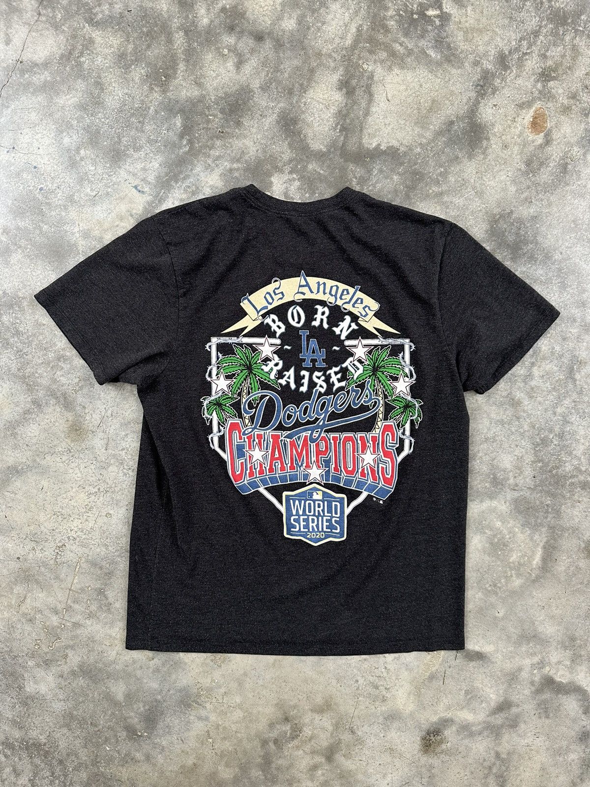 image of Born X Raised Los Angeles Dodgers World Series Champion Tee in Grey, Men's (Size XL)