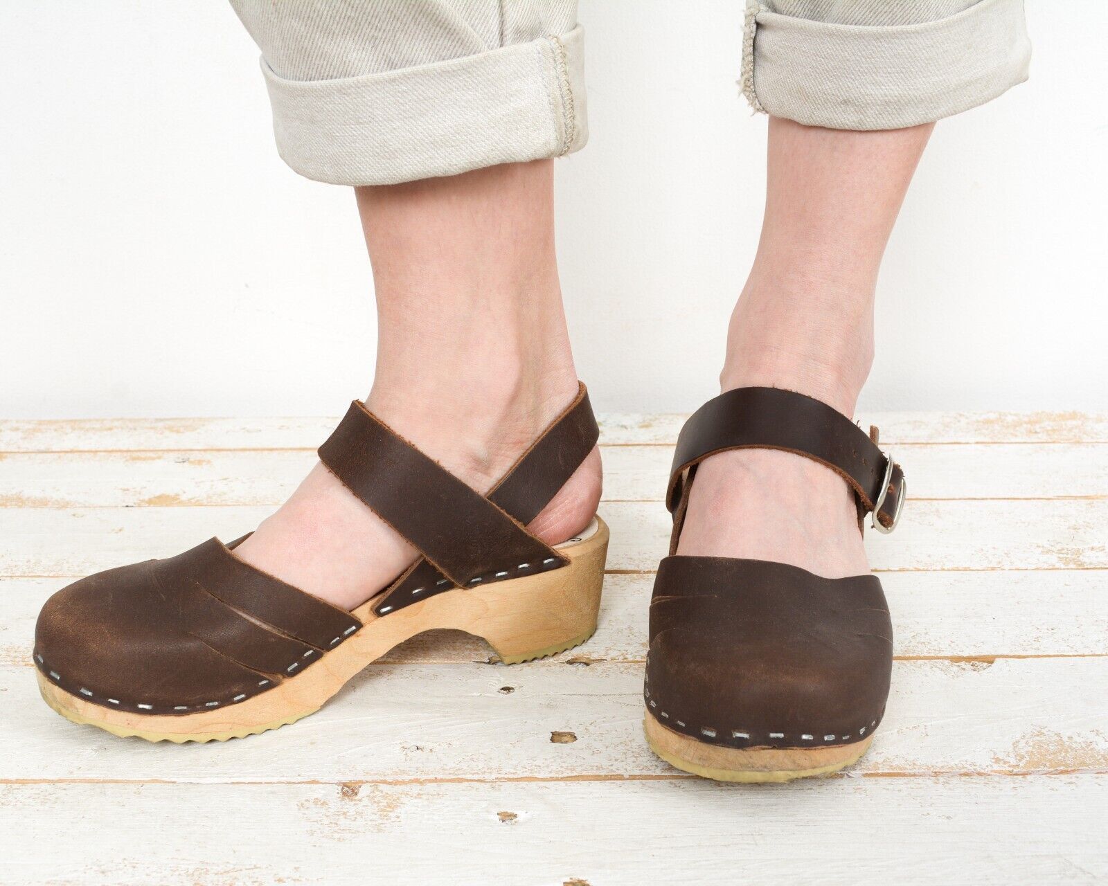 Other × Vintage LOLA Leather Heels Swedish Ankle Strap Closed Clogs EUR37 Size US 6.5 / IT 36.5 - 3 Thumbnail
