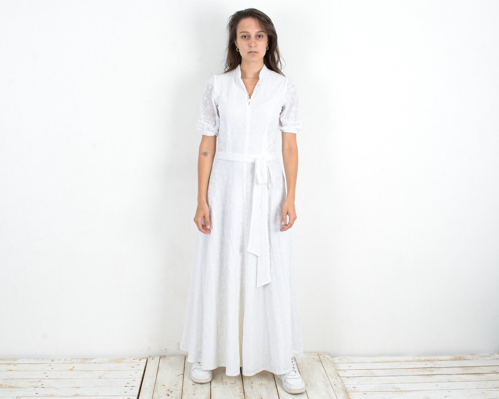 Other × Vintage Dress Bow Collar French Sleeves Lace Maxi Classy Wedding Size S / US 4 / IT 40 - 2 Thumbnail
