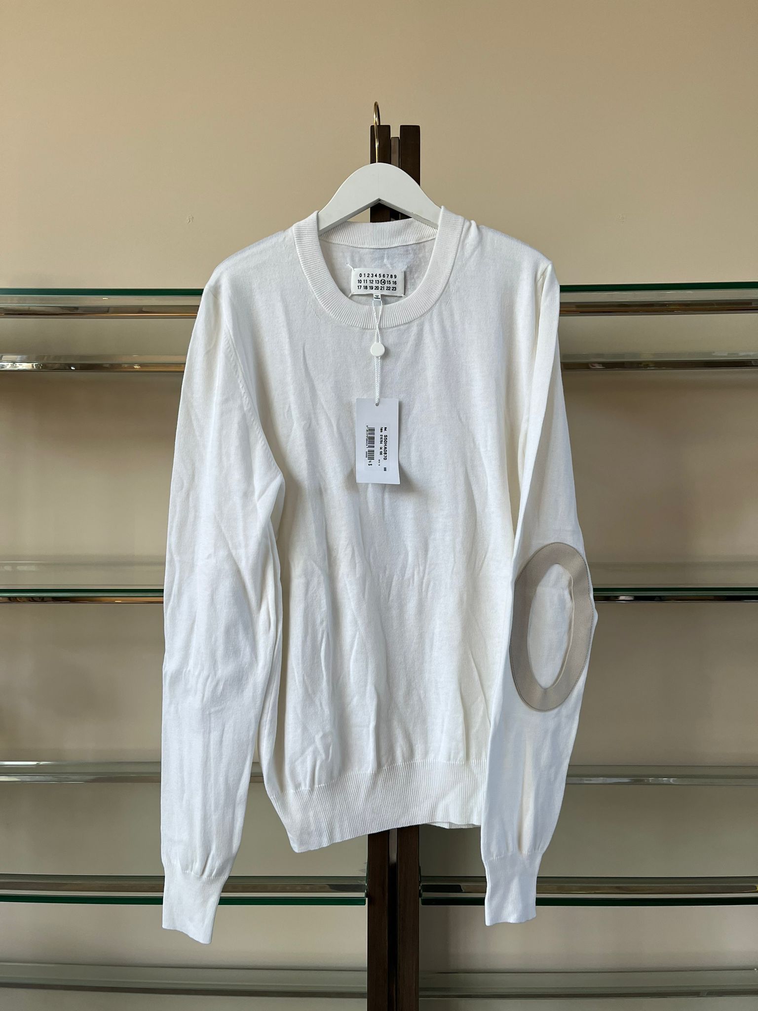 Wool Elbow Patch Crewneck Sweater in White