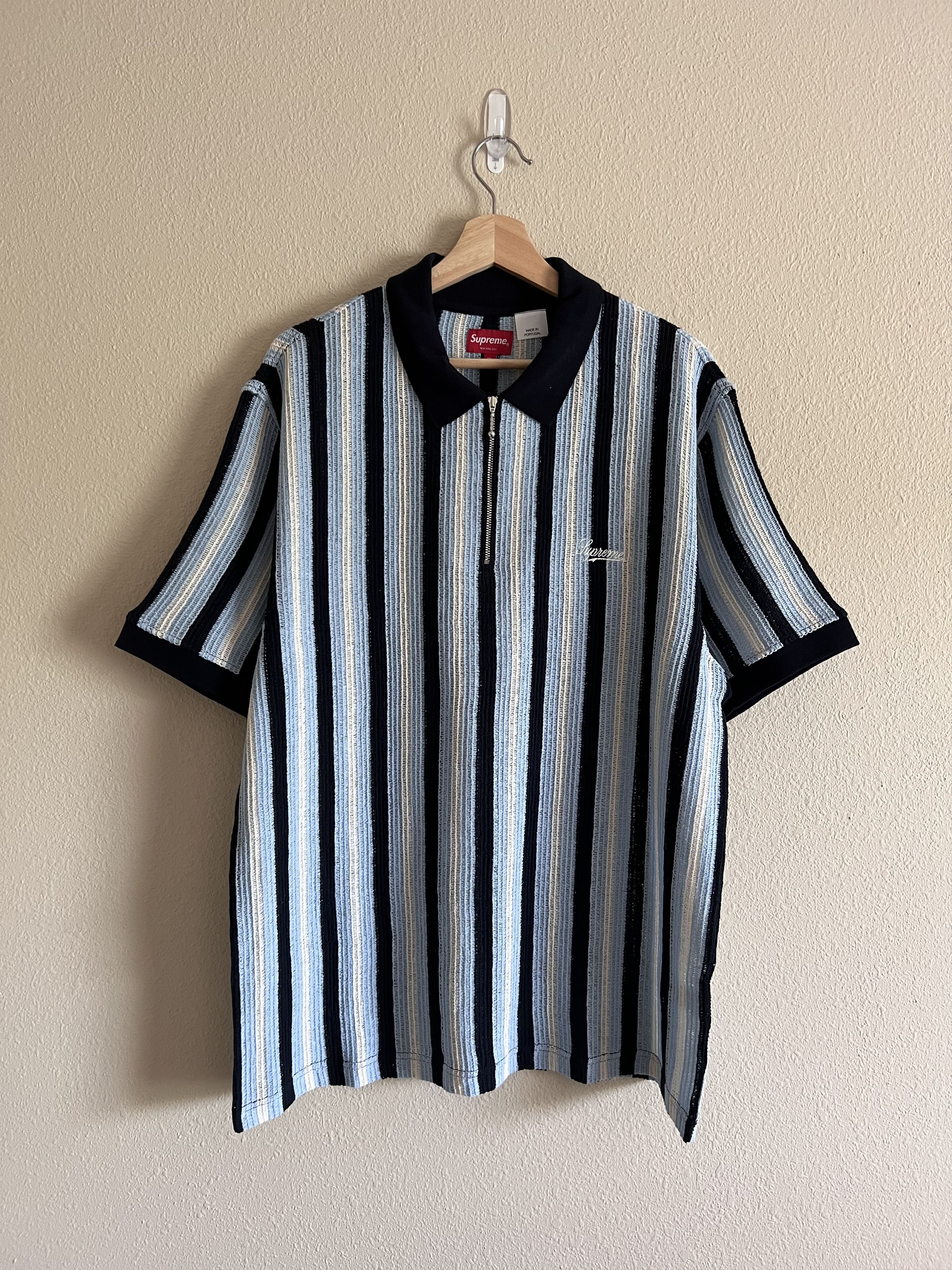 Supreme Supreme Open Knit Stripe Zip Polo Navy Blue | Grailed