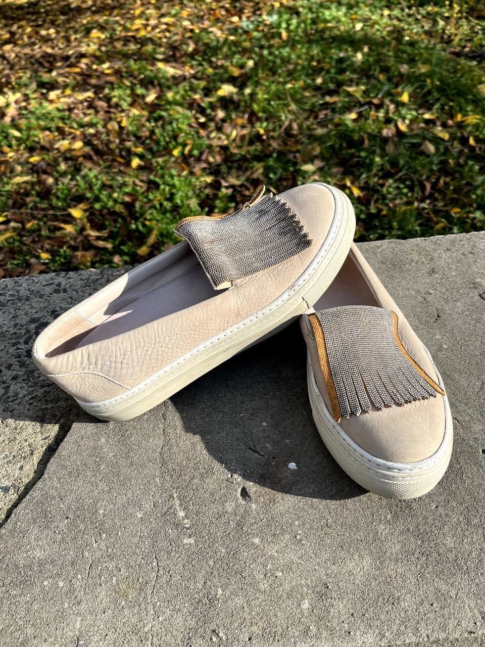 BRUNELLO CUCINELLI Beige Leather Espadrille Slip Ons Size 39