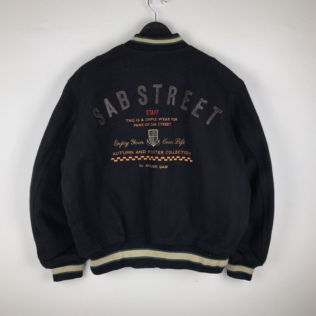 Vintage Vintage Japanese Sab Street Varsity 100% Wool Jacket black ...