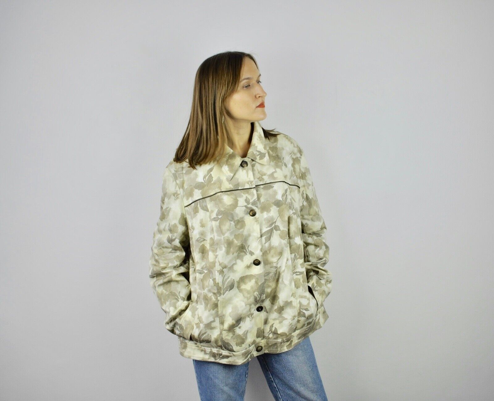 Other × Vintage HUCKE Women's Oversized Jacket Beige Floral Blazer Coat VTG Size XXL / US 16-18 / IT 52-54 - 1 Thumbnail