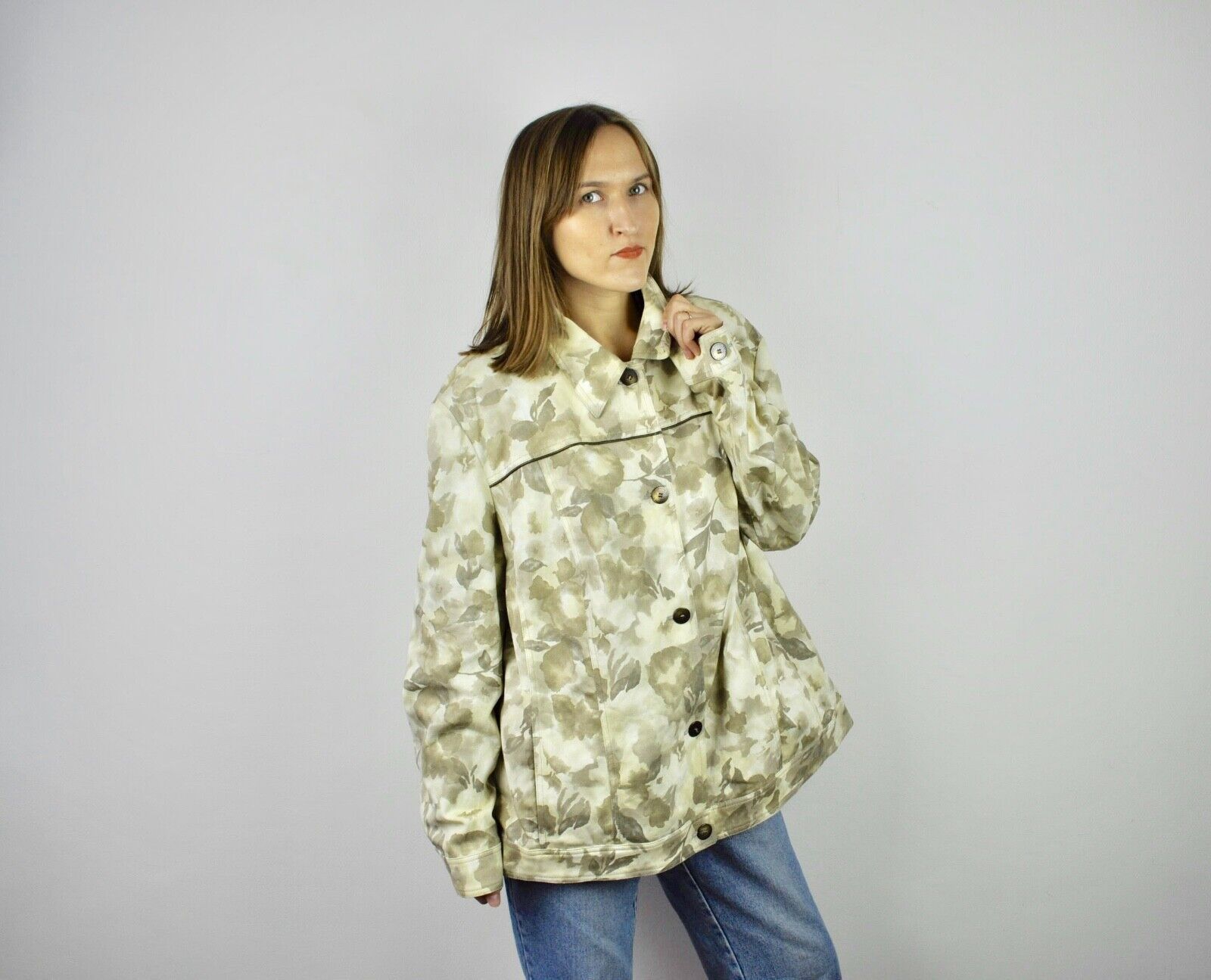 Other × Vintage HUCKE Women's Oversized Jacket Beige Floral Blazer Coat VTG Size XXL / US 16-18 / IT 52-54 - 2 Thumbnail