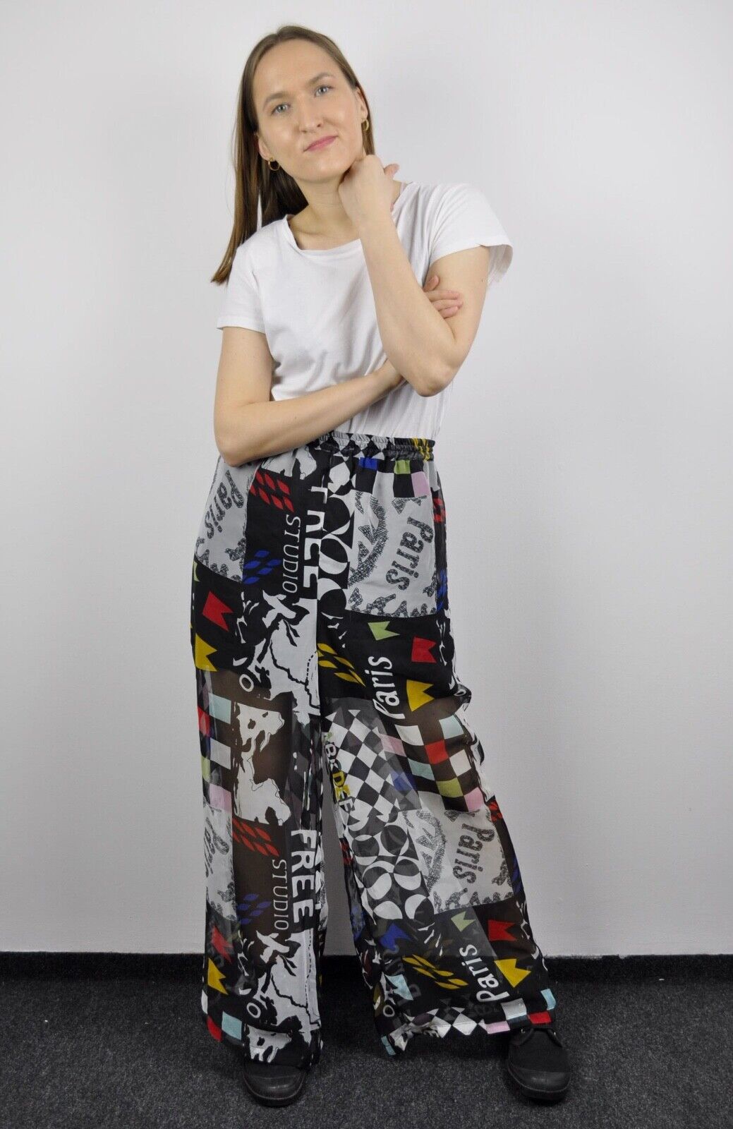 Other × Vintage French Sheer Wide Leg Palazzo Transparent Pants Trousers Size 29" - 2 Thumbnail