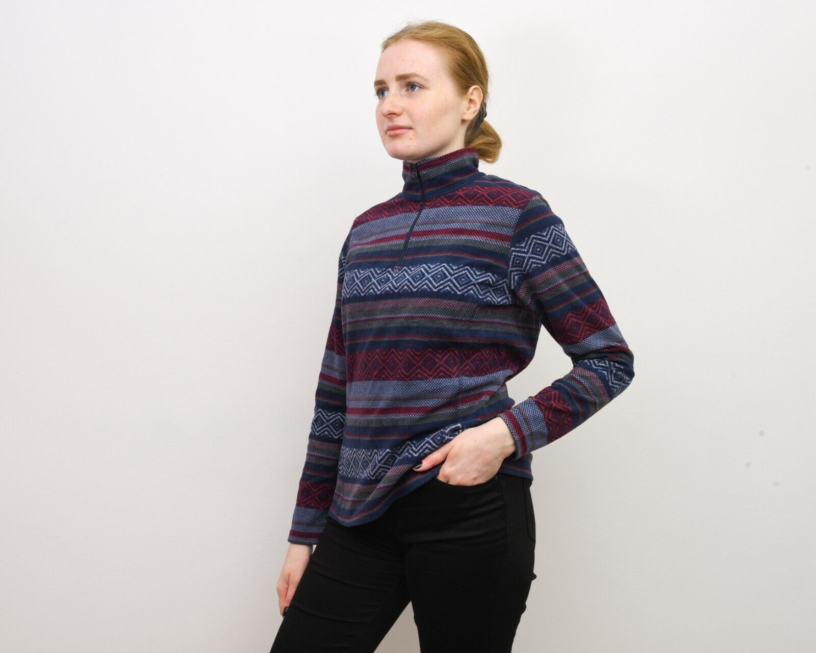 Eddie Bauer × Vintage M Striped Aztec Fleece Jumper Sweatshirt Pullover Sweater Size M / US 6-8 / IT 42-44 - 2 Thumbnail