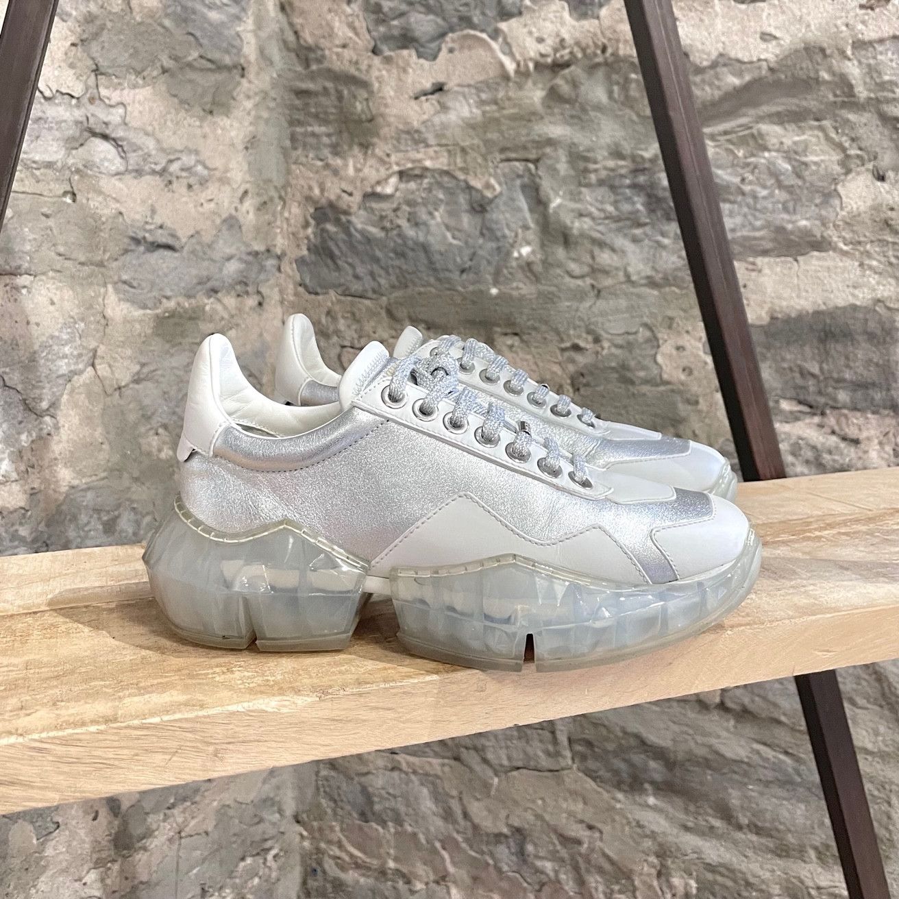 Jimmy Choo Jimmy Choo Silver Metallic White Diamond Oversized Sneakers Size US 7 / IT 37 - 1 Thumbnail