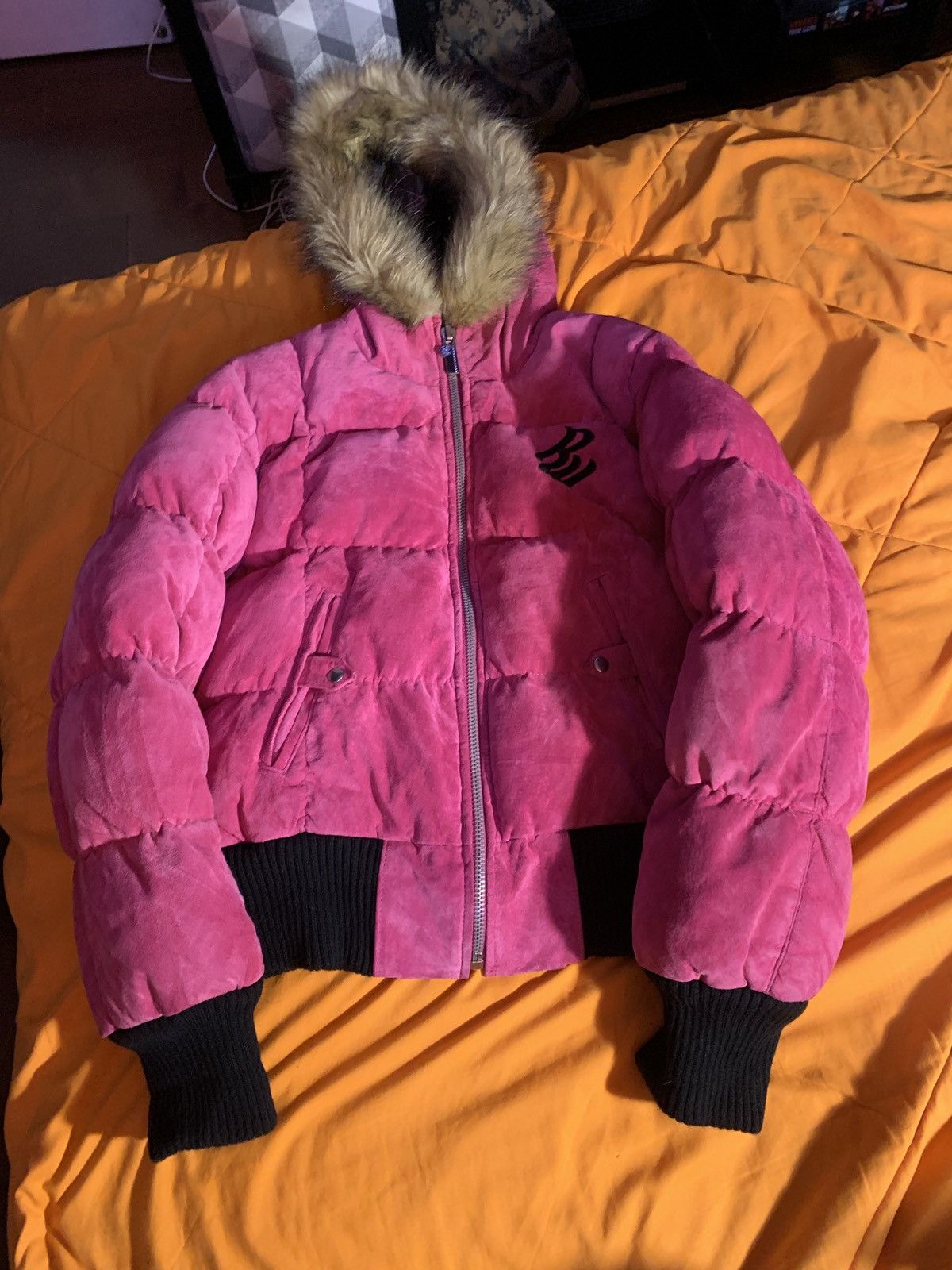 Rocawear pink Rocawear leather puffer jacket w/ faux fur hood | Grailed